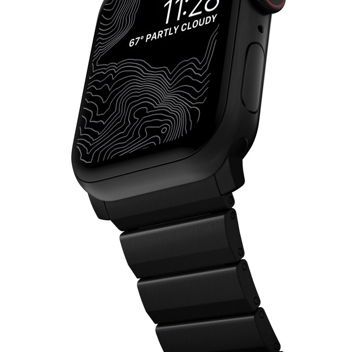 Primo piano di uno smartwatch nero. Lo schermo mostra l'ora e il meteo. L'orologio ha un cinturino in metallo nero.