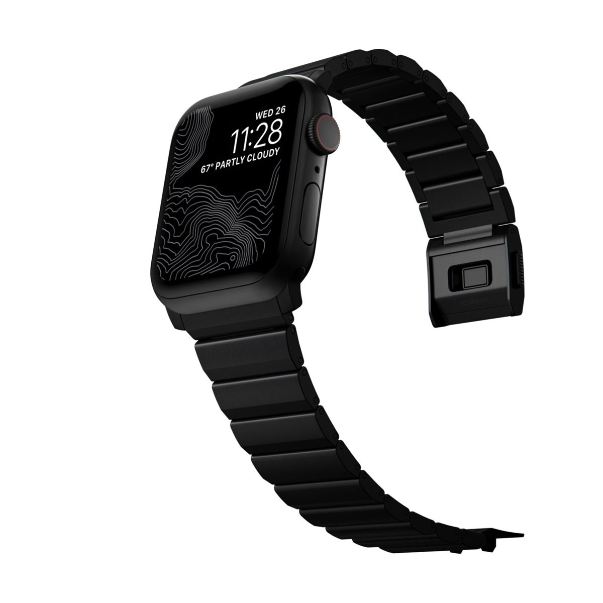 Uno smartwatch nero che mostra data, ora e meteo. Ha un cinturino in metallo nero e si trova su uno sfondo bianco.