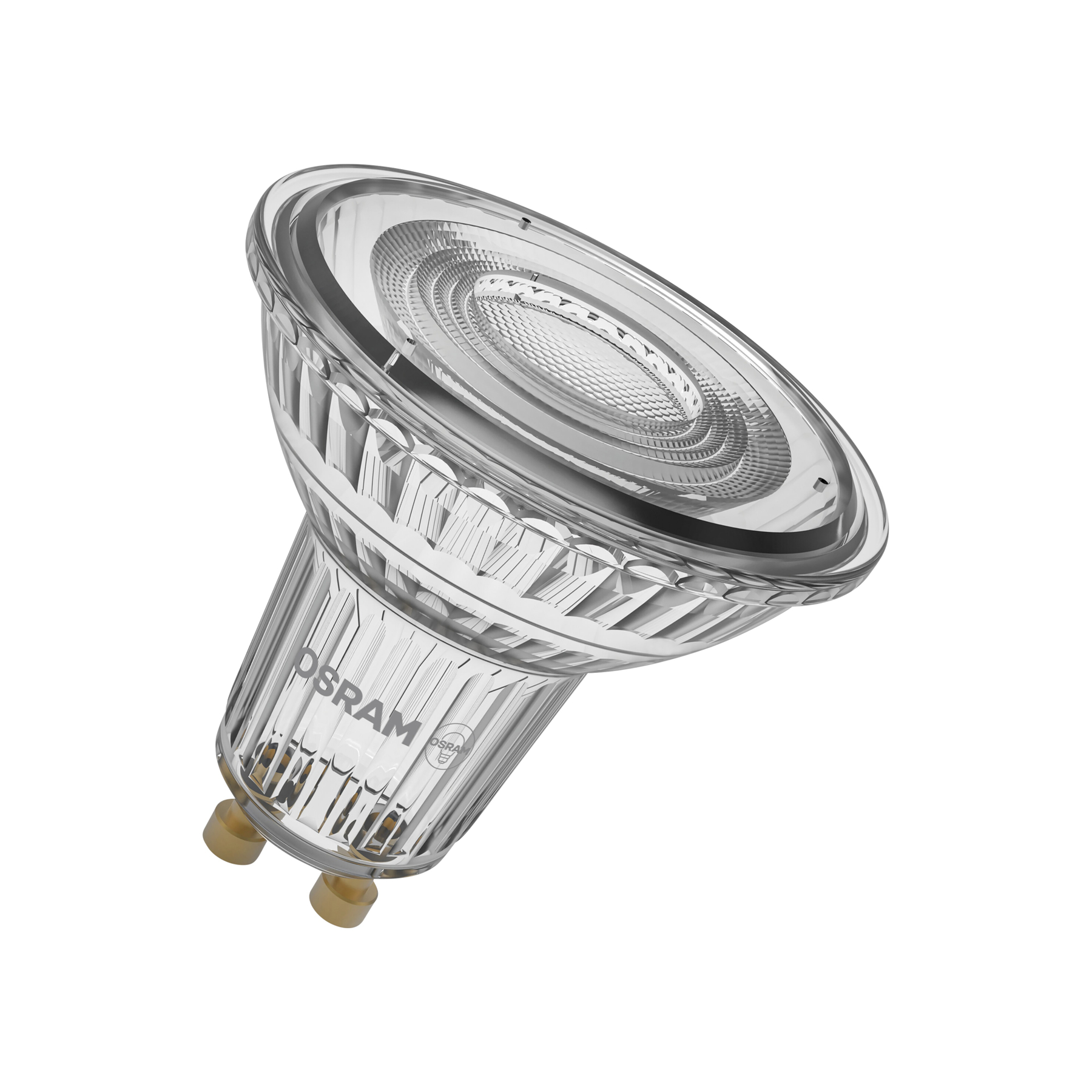 Una lampadina LED OSRAM in vetro trasparente è angolata. Ha un corpo scanalato e un fronte a motivi.
