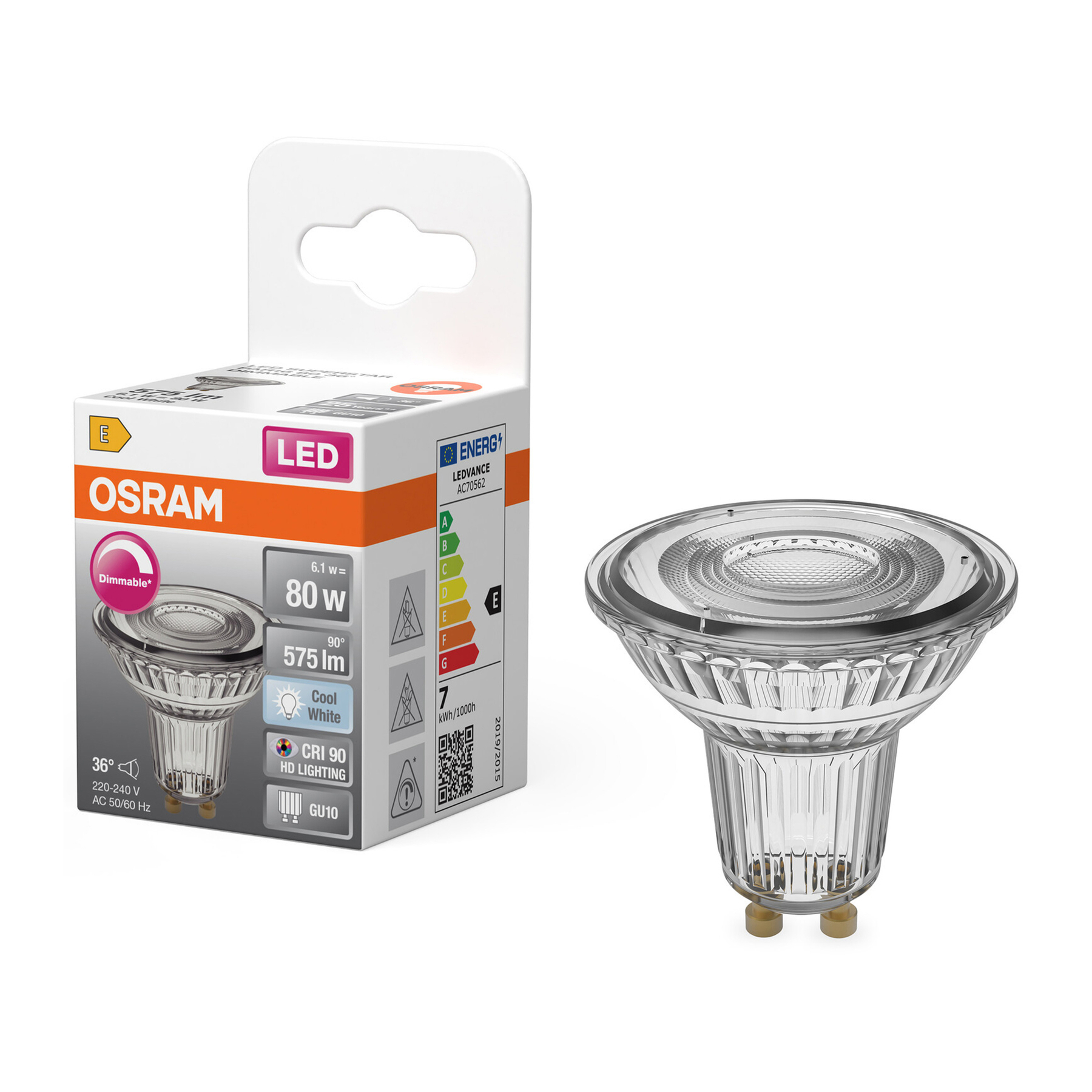 Una lampadina spot LED trasparente con confezione. La scatola ha specifiche e marchio. La lampadina è a destra.