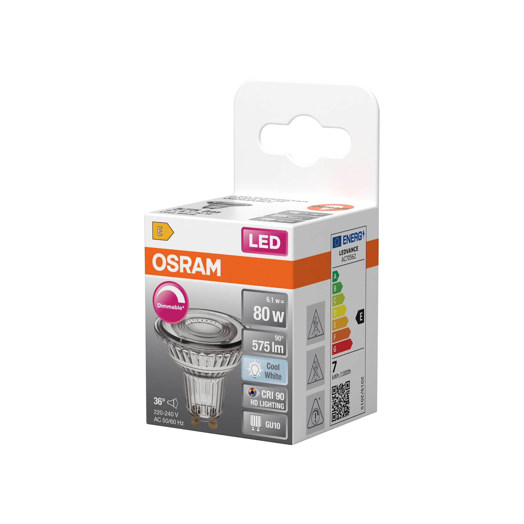 Faretto LED in scatola di OSRAM. Ha classe energetica E, 80W, 575 lm, bianco freddo, dimmerabile, GU10.