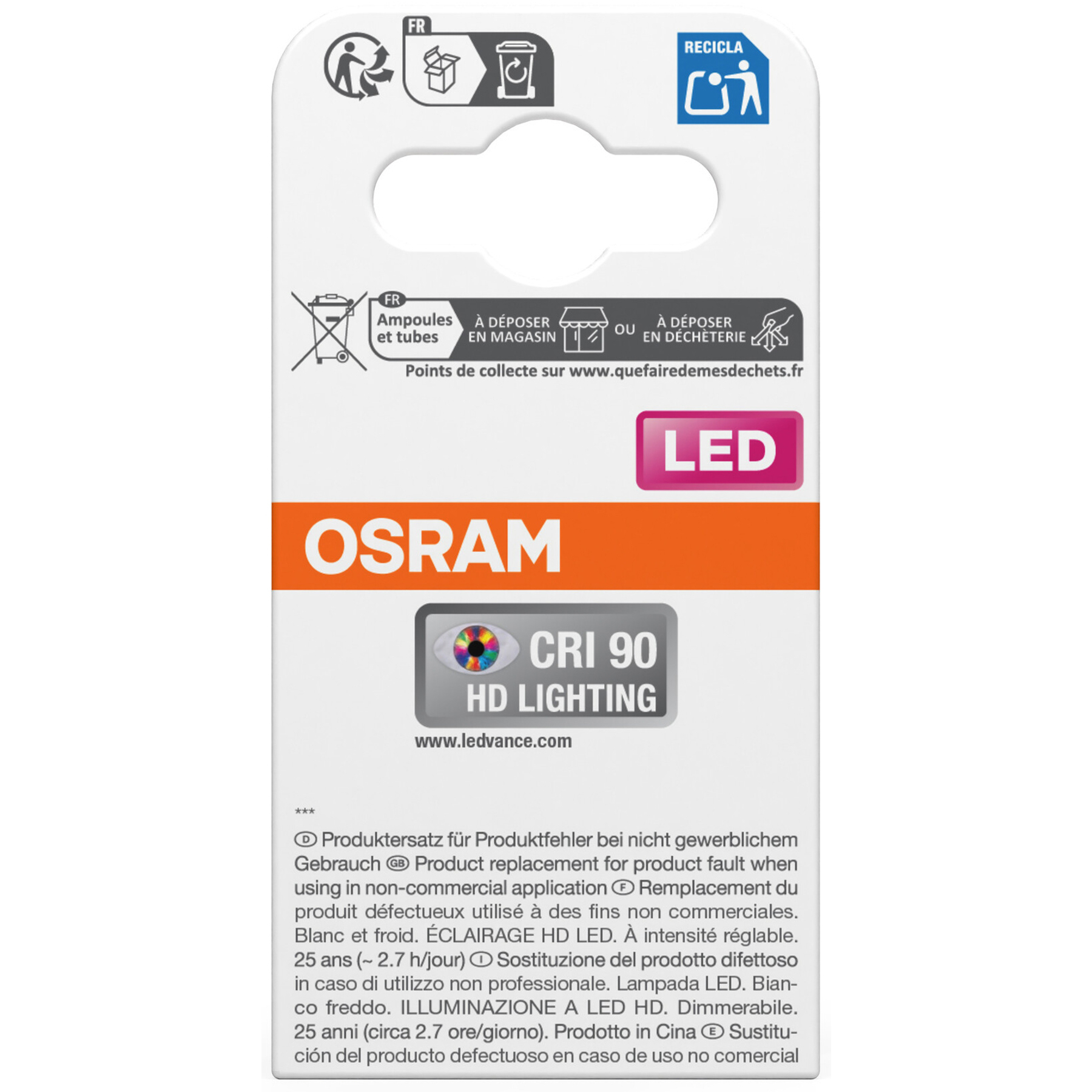 Un pacco di lampadine LED OSRAM bianche e arancioni con simboli di riciclaggio e testo sullo smaltimento e dettagli del prodotto.