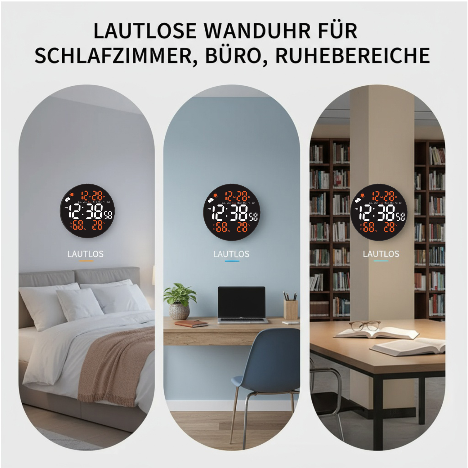 Eine Uhr mit Anzeige von Zeit und Temperatur wird in drei verschiedenen Raumeinstellungen gezeigt: Schlafzimmer, Büro und Bibliothek.
