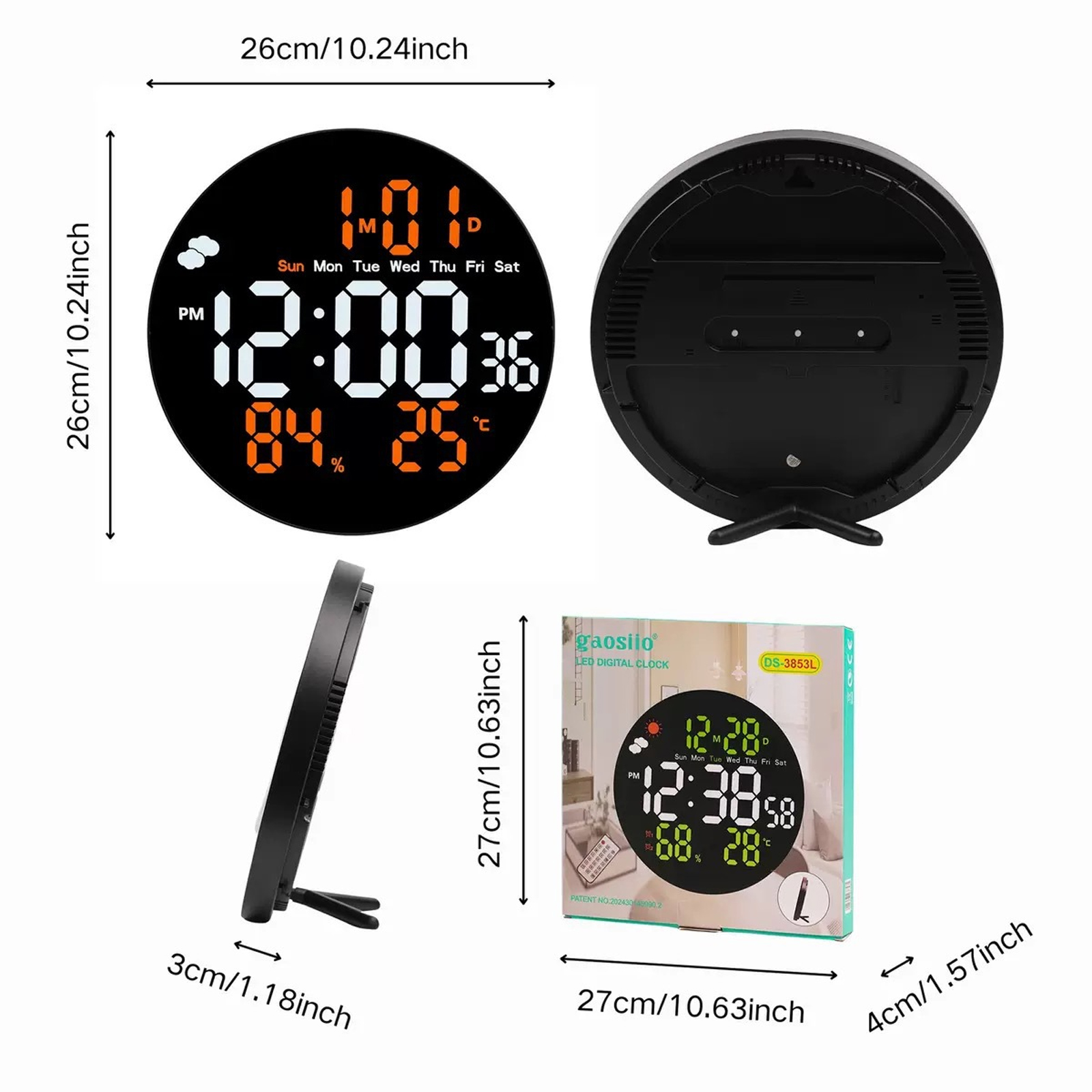 Digitaluhr mit Uhrzeit, Datum und Temperatur. Die Uhr ist schwarz mit orangefarbenen Ziffern. Verpackung und Rückansicht sind ebenfalls sichtbar.