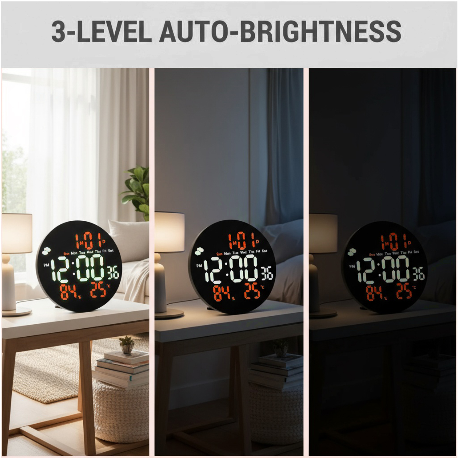 Das Bild zeigt eine Uhr mit 3 Helligkeitsstufen. Es zeigt Zeit, Datum, Luftfeuchtigkeit und Temperatur an. Der Hintergrund ist ein Schlafzimmer.