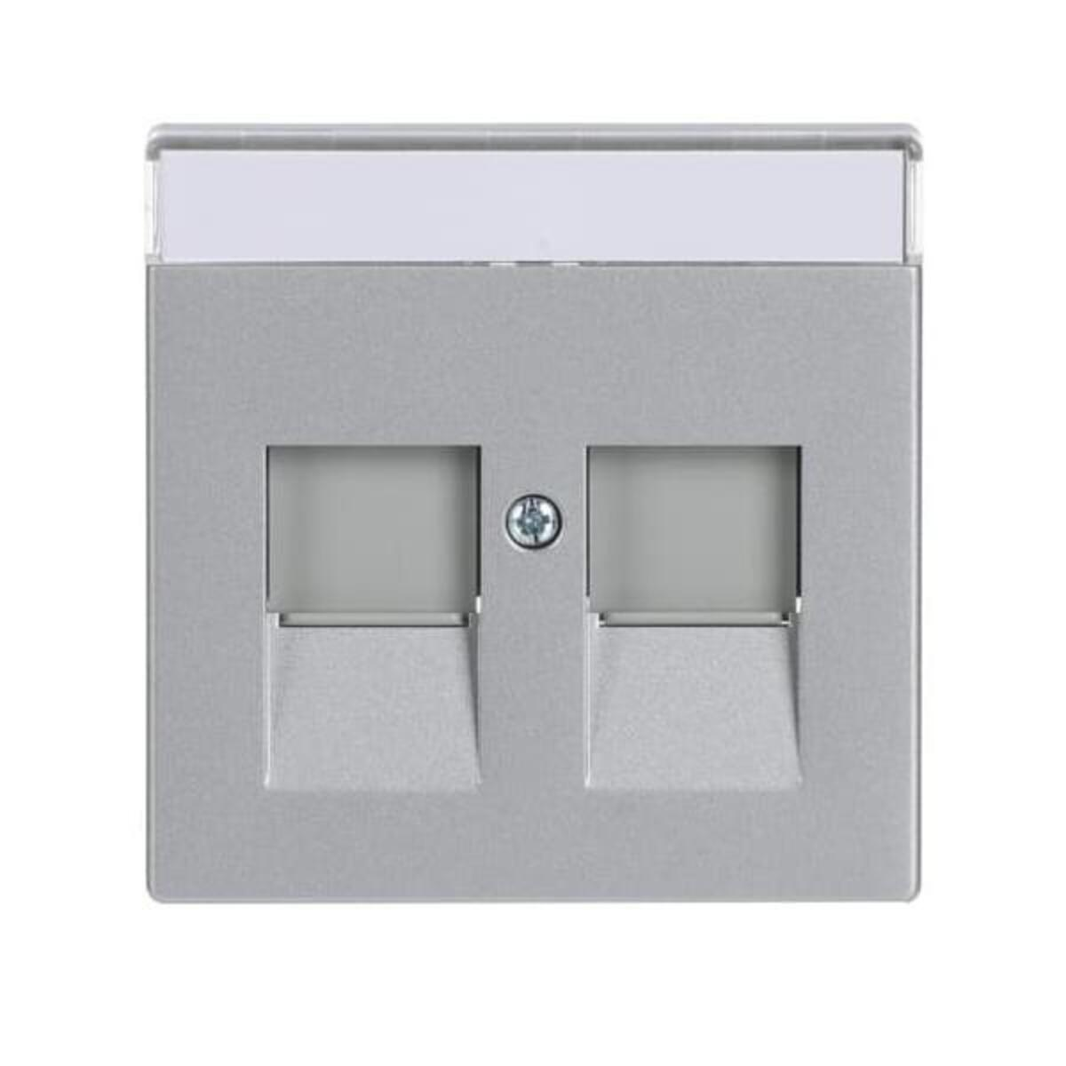 Una placca grigia con due porte di rete, una vite al centro e un pezzo di plastica bianco in alto.