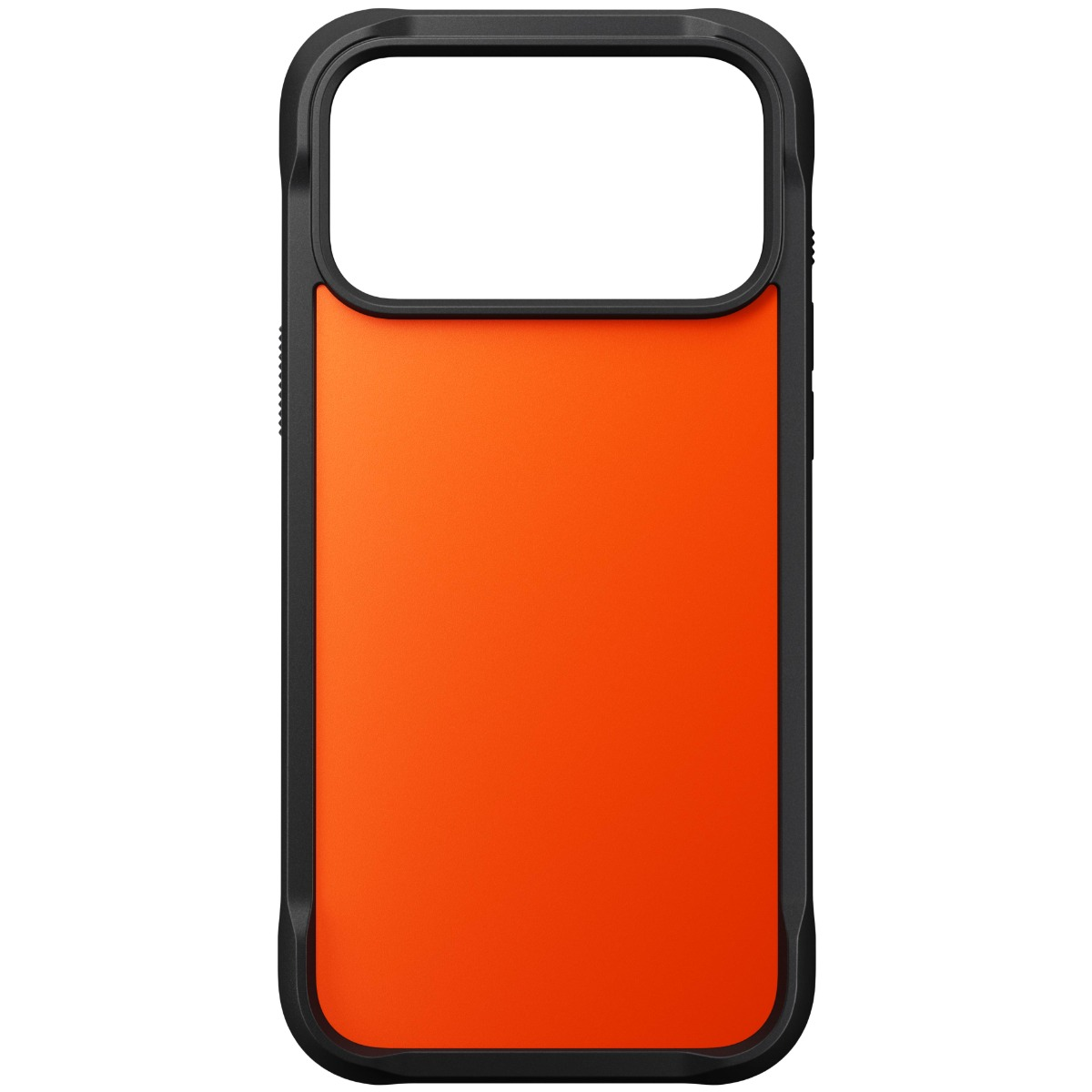 Una custodia arancione per telefono con cornice nera e ritaglio per fotocamera. La custodia è rettangolare con angoli arrotondati.