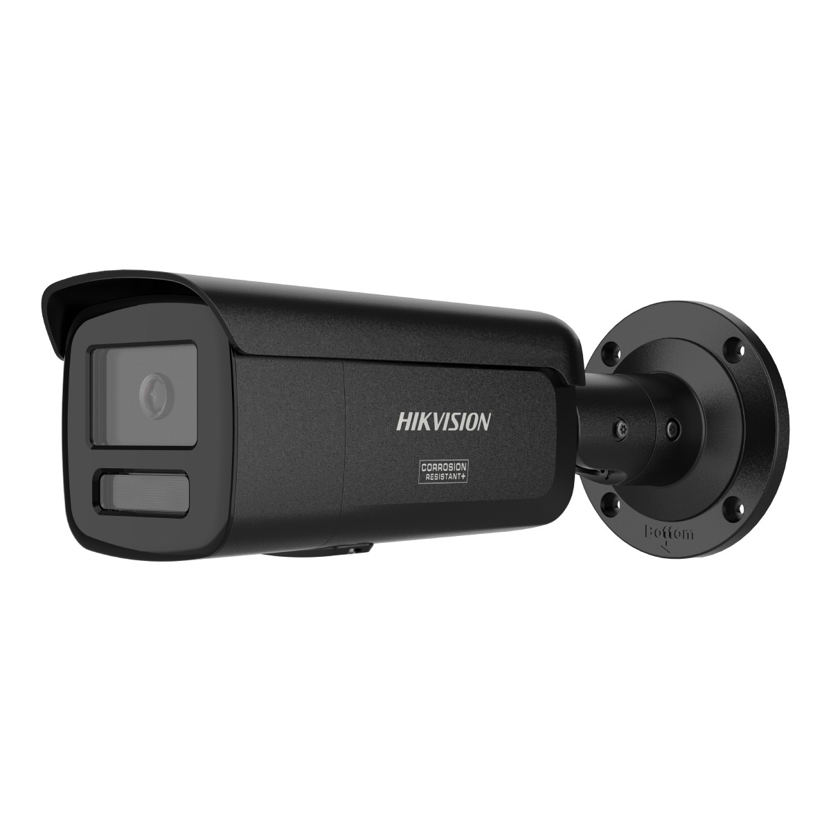 Schwarze Hikvision-Überwachungskamera mit rundem Sockel. Sie trägt den Markennamen und den Text 'Corrosion Resistant+'.