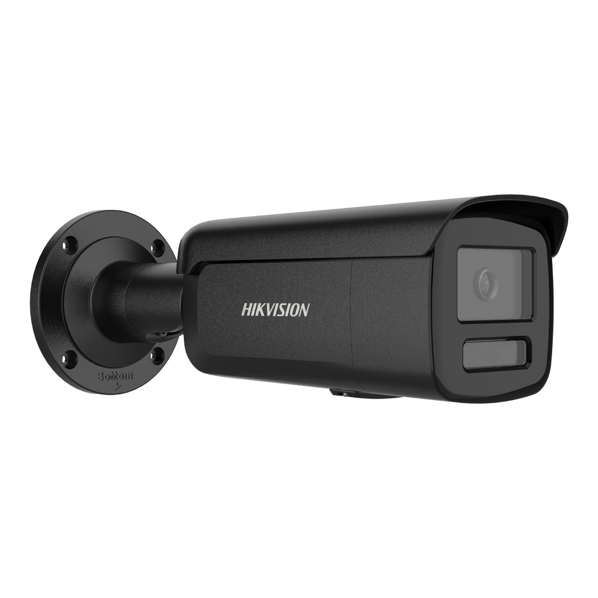 Eine schwarze Hikvision-Überwachungskamera, montiert auf weißem Untergrund. Sie hat eine Linse, ein Etikett und das Firmenlogo.