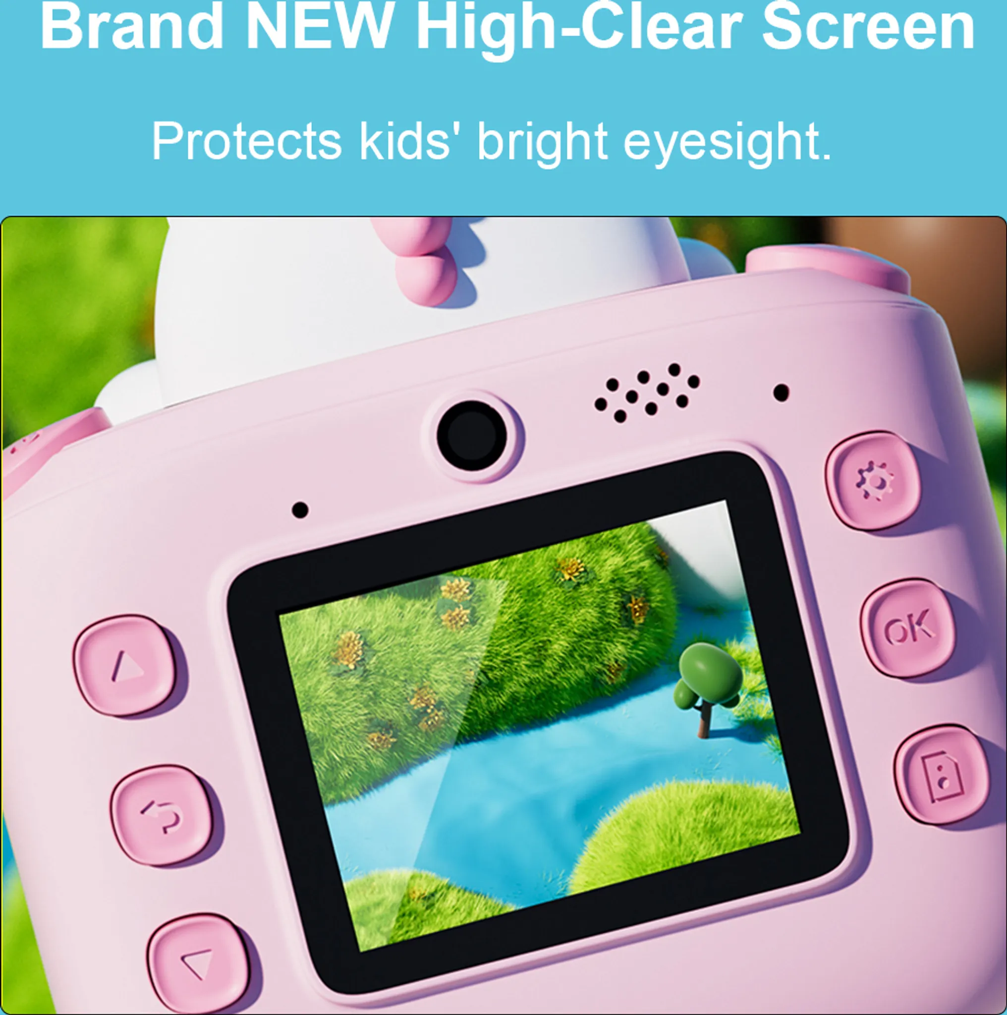 Eine rosa Kamera mit einem Bildschirm, der eine grüne Landschaft zeigt. Knöpfe und ein Objektiv sind sichtbar. Der Text lautet 'High-Clear Screen'.