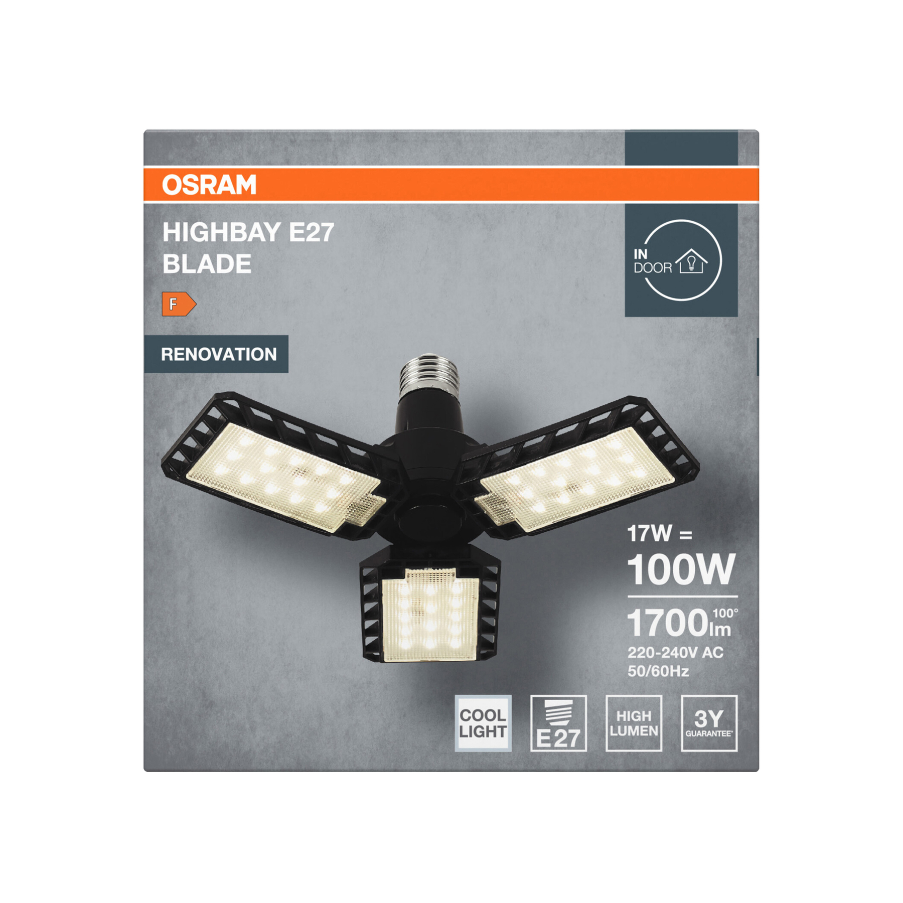 Eine schwarze Osram Highbay E27 Blade Leuchte mit drei verstellbaren Paneelen, die kaltes Licht ausstrahlen und Produktinformationen.