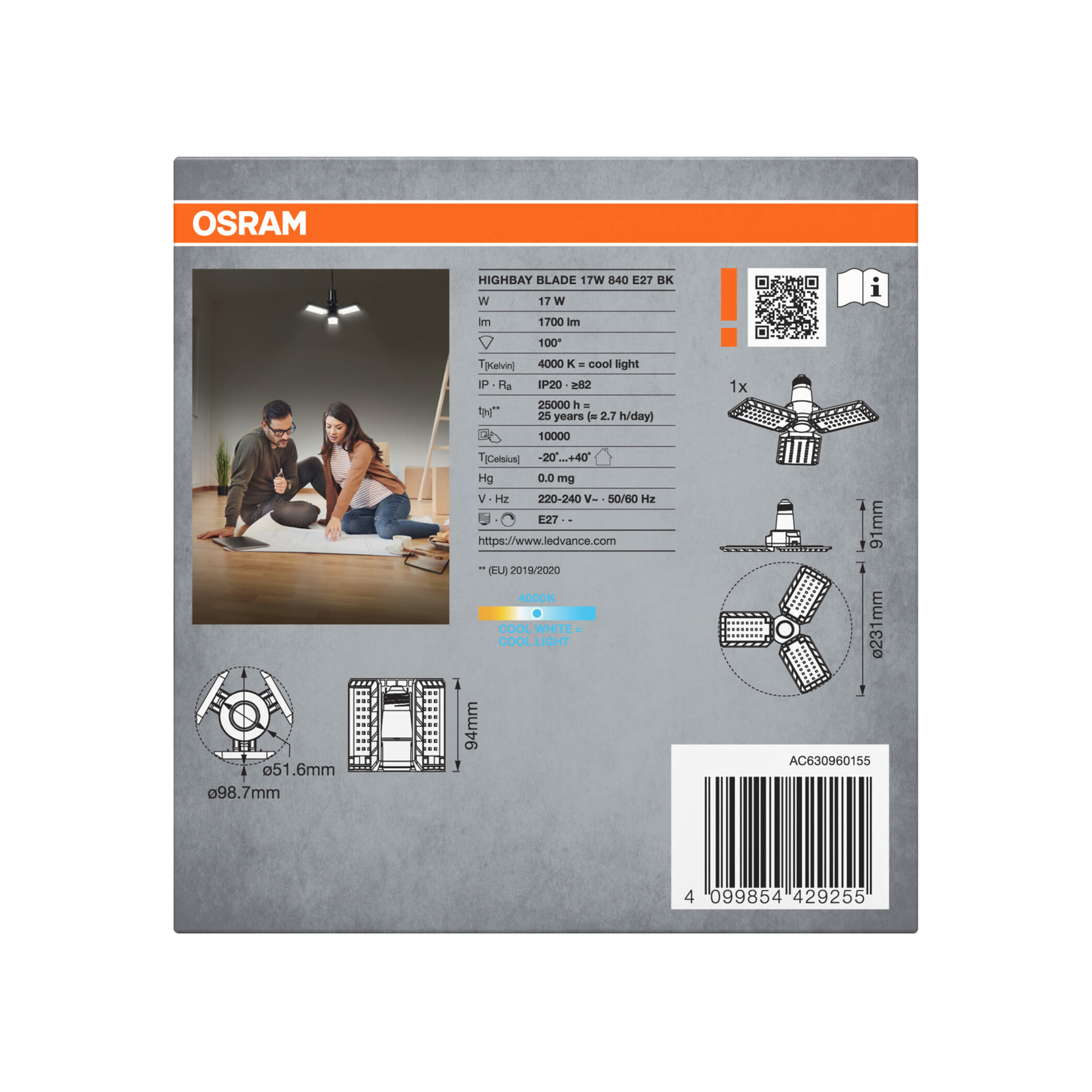Osram Produktbox mit Leuchtenbild, Spezifikationen und einem Paar, das einen Bauplan betrachtet.
