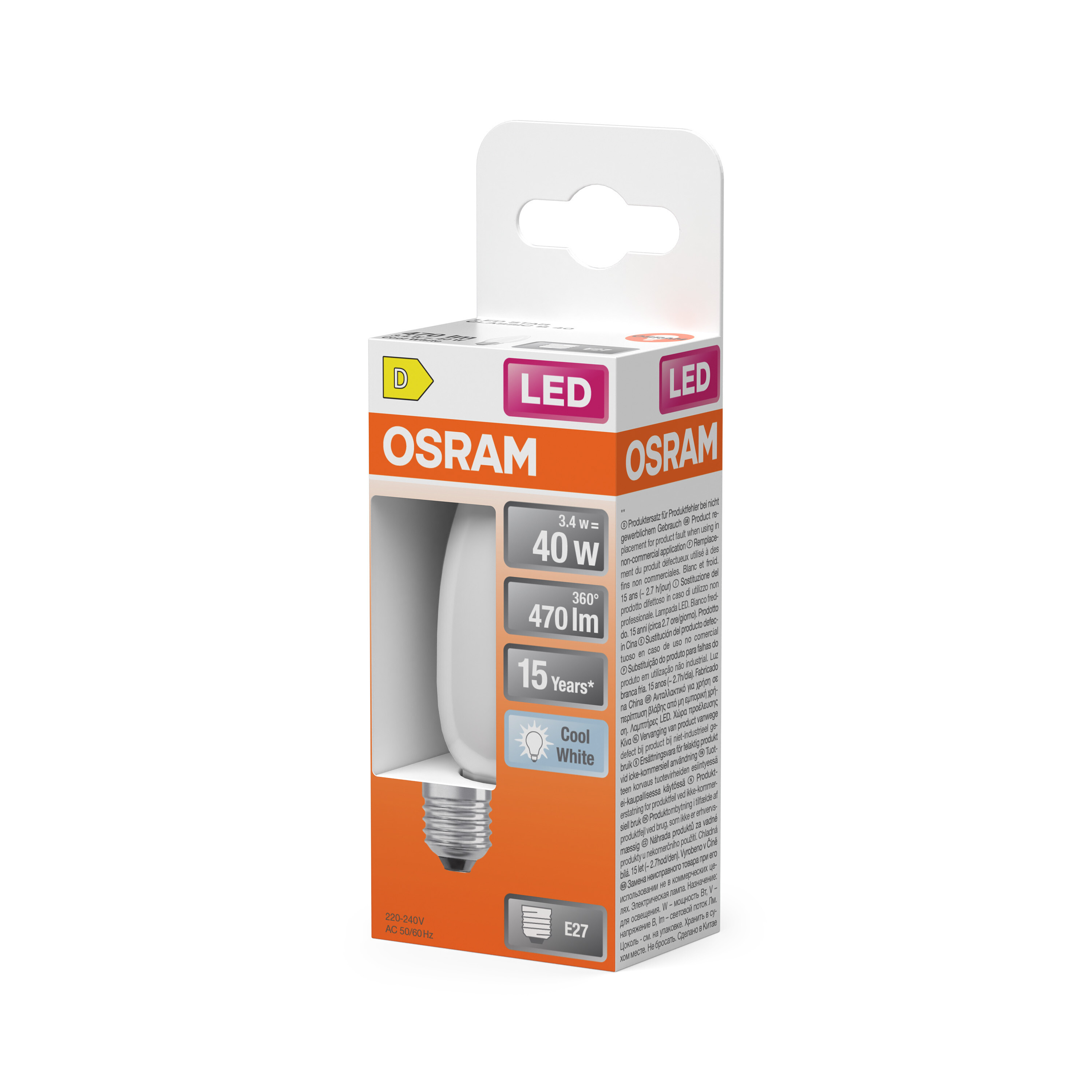Eine Osram LED-Glühbirnenverpackung. Sie hat eine weiße Glühbirnengrafik und Text, der Merkmale und Marke angibt.