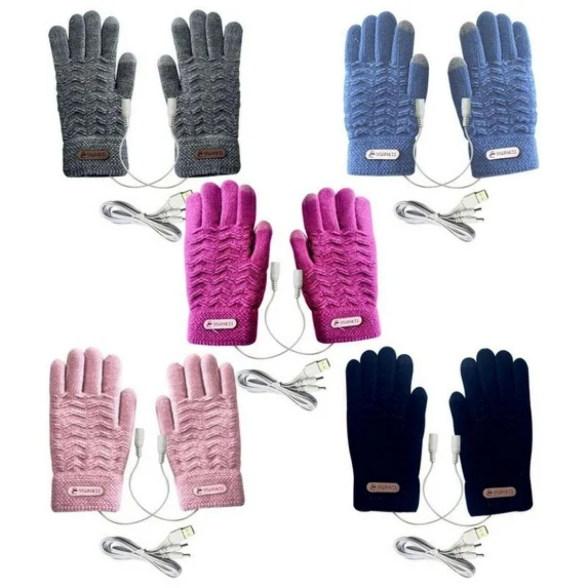 Das Bild zeigt mehrere Paar gestrickte Handschuhe in verschiedenen Farben. Jedes Paar hat ein USB-Kabel zum Aufladen oder Heizen.