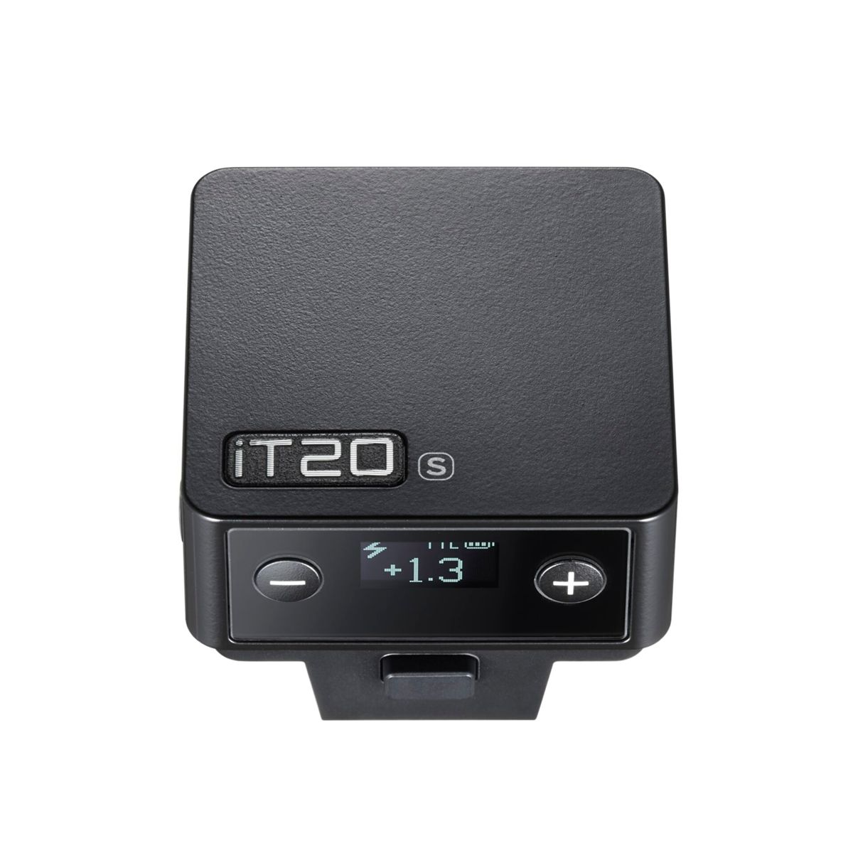 Schwarzes rechteckiges Gerät. Es hat ein Display mit +1,3 und einer Batteriestandsanzeige. Es hat Minus- und Plus-Tasten. Der Text 'iT20 S' ist sichtbar.