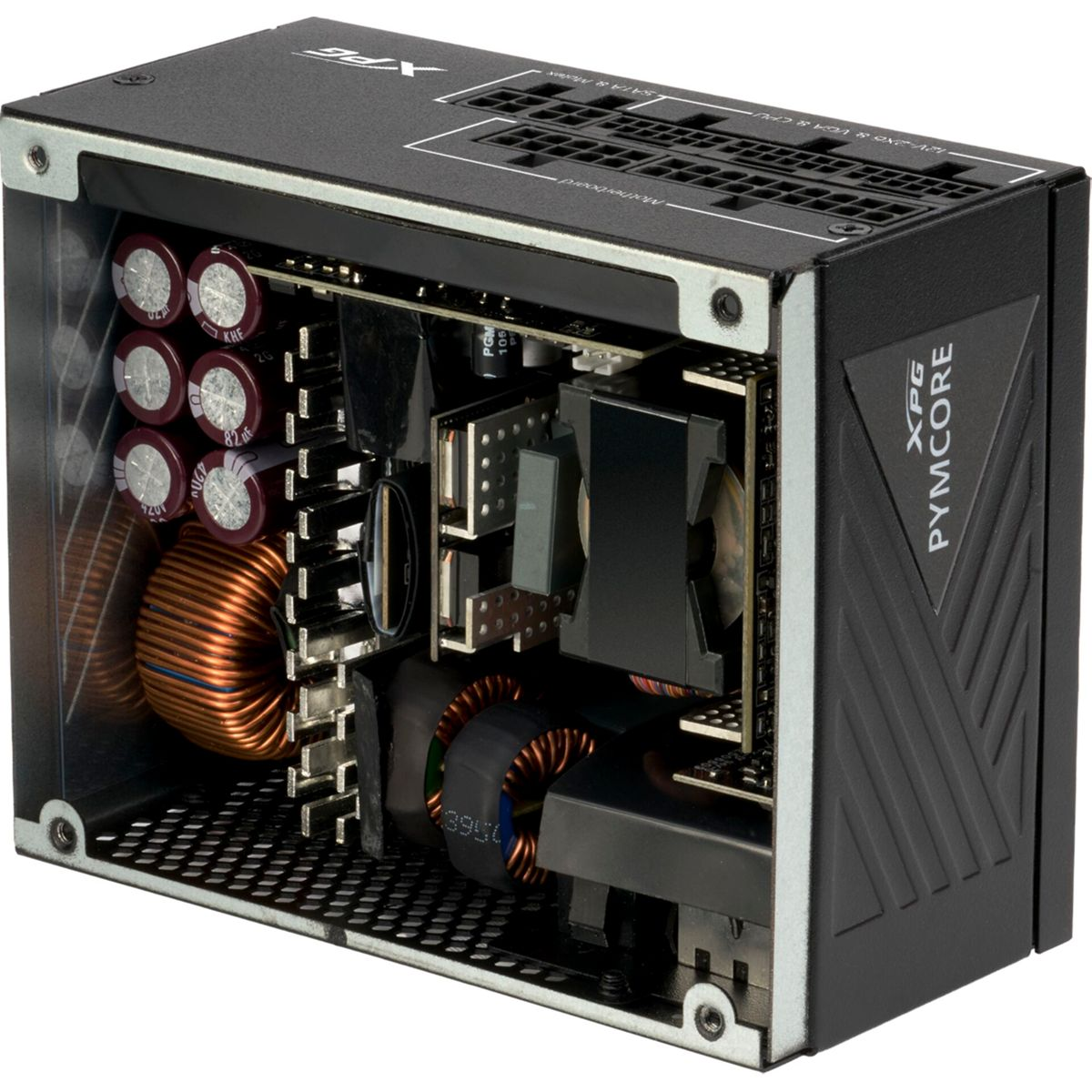 Ein Computer-Netzteil mit sichtbaren internen Komponenten. Es hat Kondensatoren, Spulen, einen Lüfter und ein schwarzes Metallgehäuse.