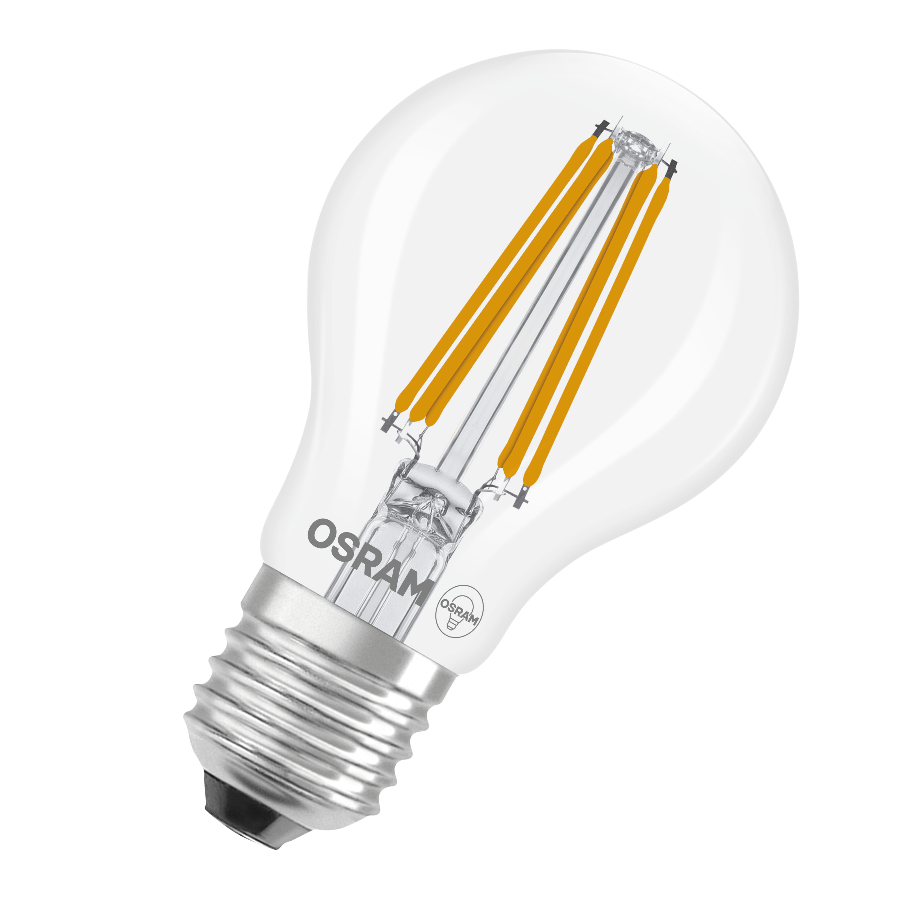 Eine klare OSRAM LED-Glühbirne. Sie hat gelbe interne Filamente, einen silbernen Sockel und das OSRAM-Logo.
