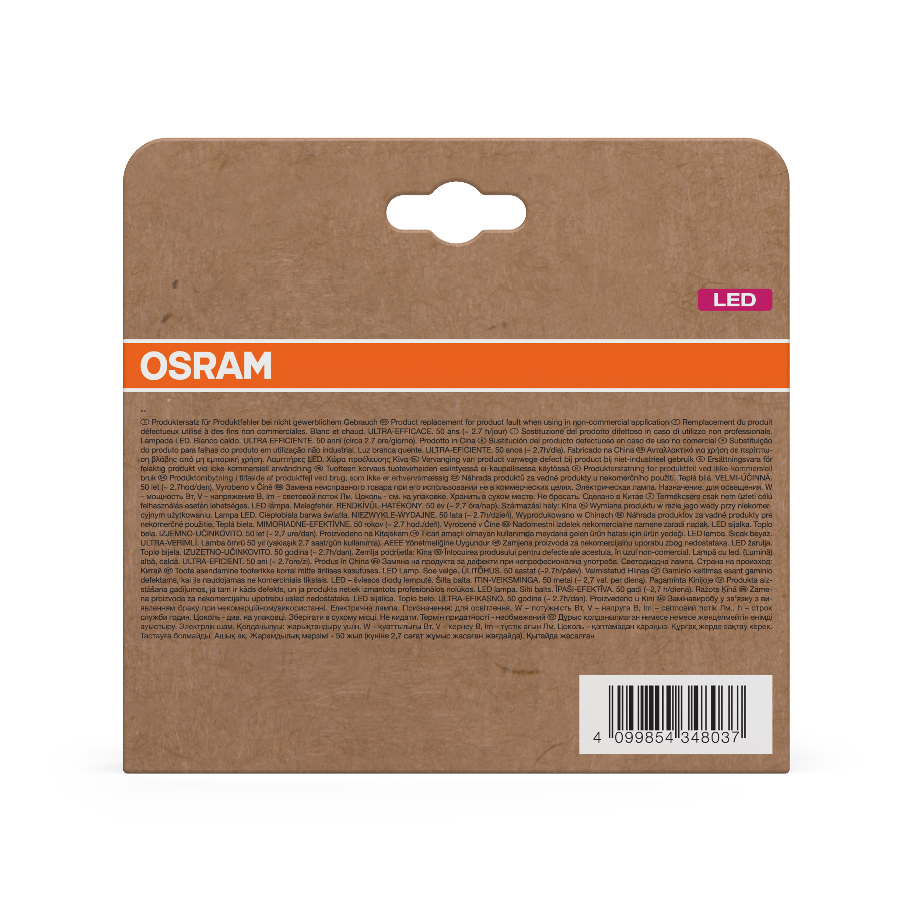 Paket mit OSRAM-Etikett, LED-Text und Barcode.
