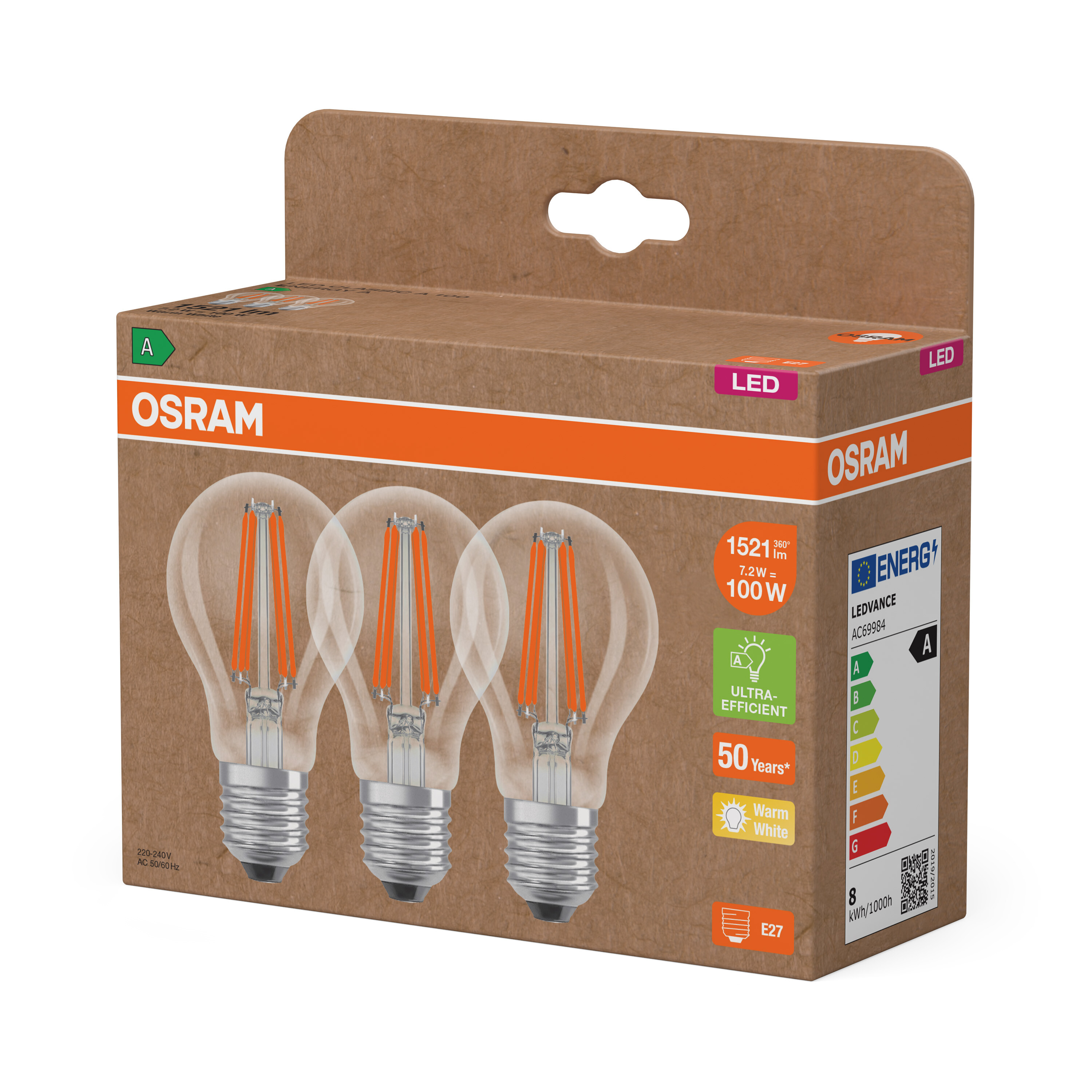 Eine Packung mit drei LED-Glühbirnen der Marke OSRAM, mit Energieeffizienz-Etiketten und Spezifikationen.