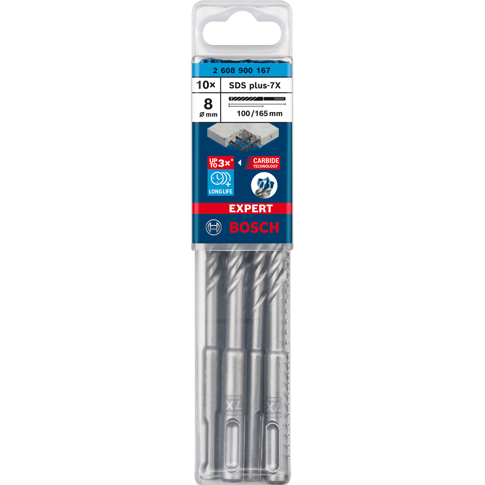Eine Packung Bosch SDS plus-7X Bohrer. Die Verpackung ist transparent mit blauem und rotem Branding und zeigt die Bohrer.