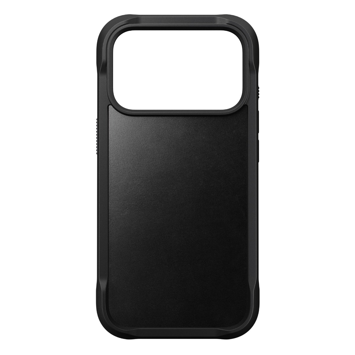 Una custodia nera per telefono. Ha un ritaglio per la fotocamera e pulsanti laterali. La custodia è di forma rettangolare.