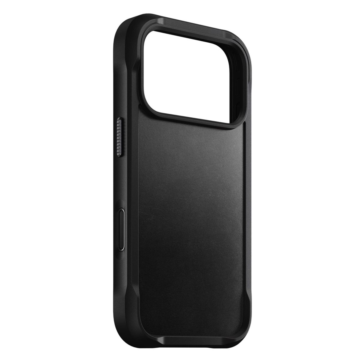 Una custodia nera per telefono. Ha un ritaglio per la fotocamera, ritagli per i pulsanti e un retro strutturato. La custodia è in plastica dura.