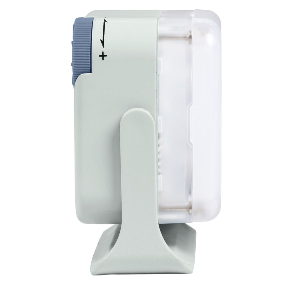 A grey device with a blue dial and clear plastic cover. It has a stand. The dial has + and - symbols.