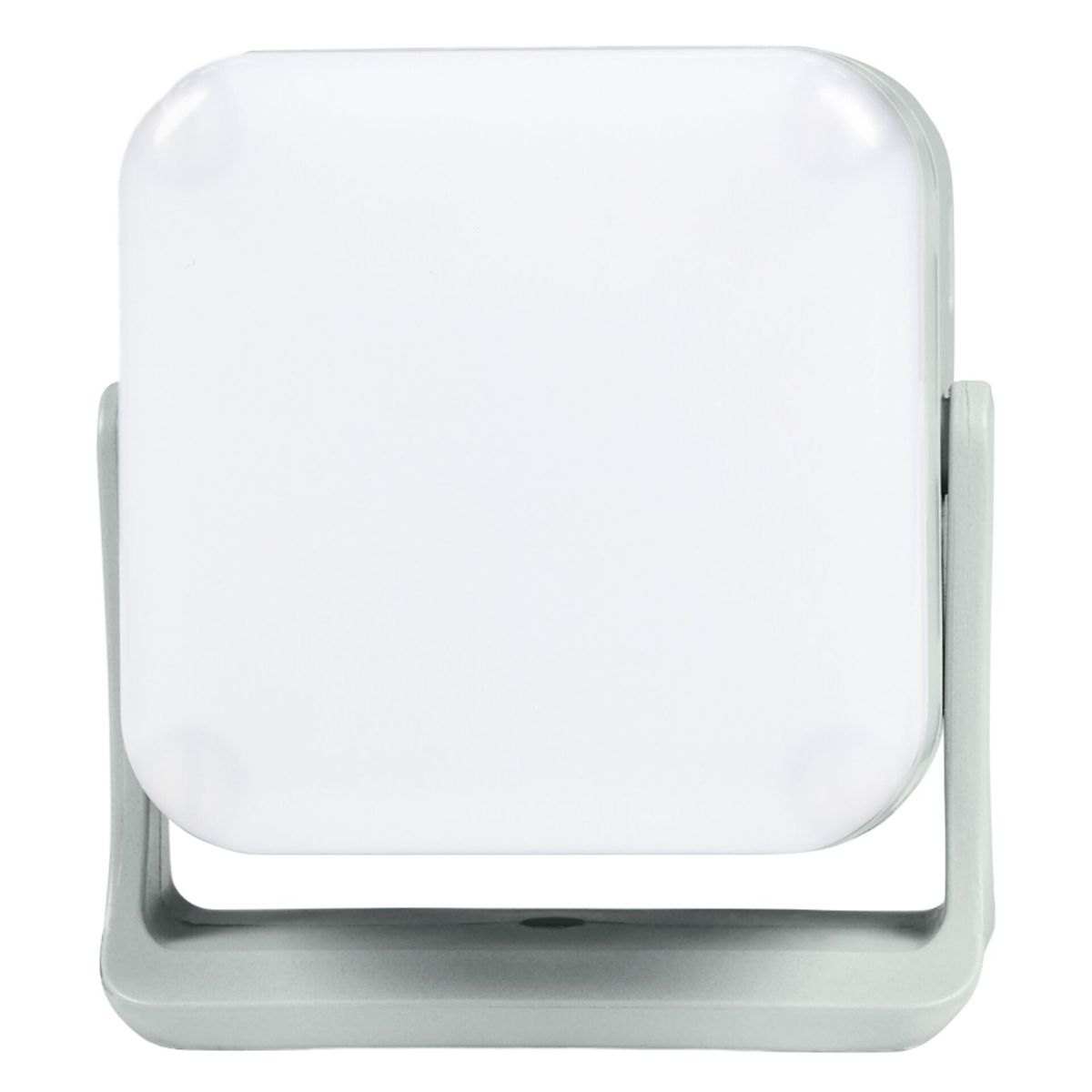 A white, square light with rounded corners is propped up by a gray stand. The light is illuminated.
