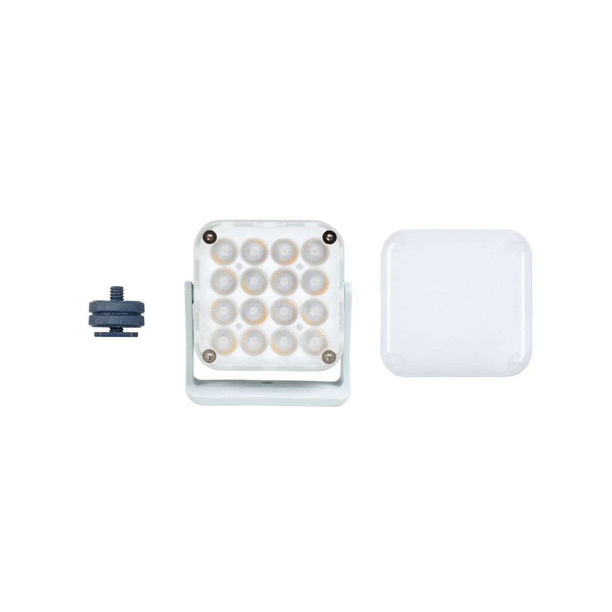 A white LED light with 16 bulbs, a mounting screw, and a white square cover are on a white background.