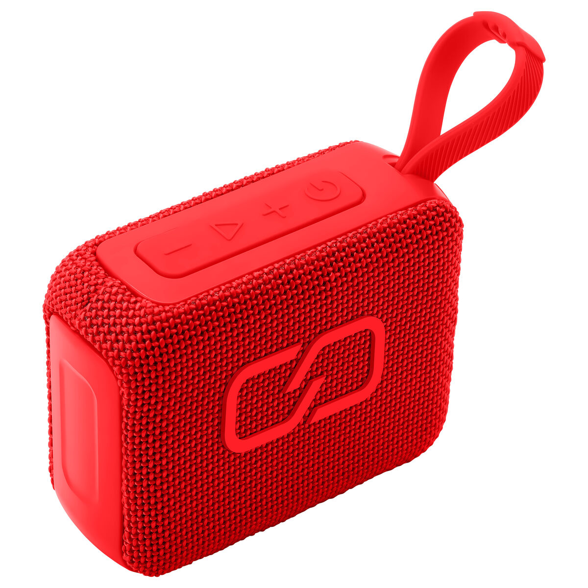 Un altavoz portátil rectangular rojo con asa. Tiene botones de control en la parte superior y un logotipo en la parte delantera. El altavoz está sobre un fondo blanco.