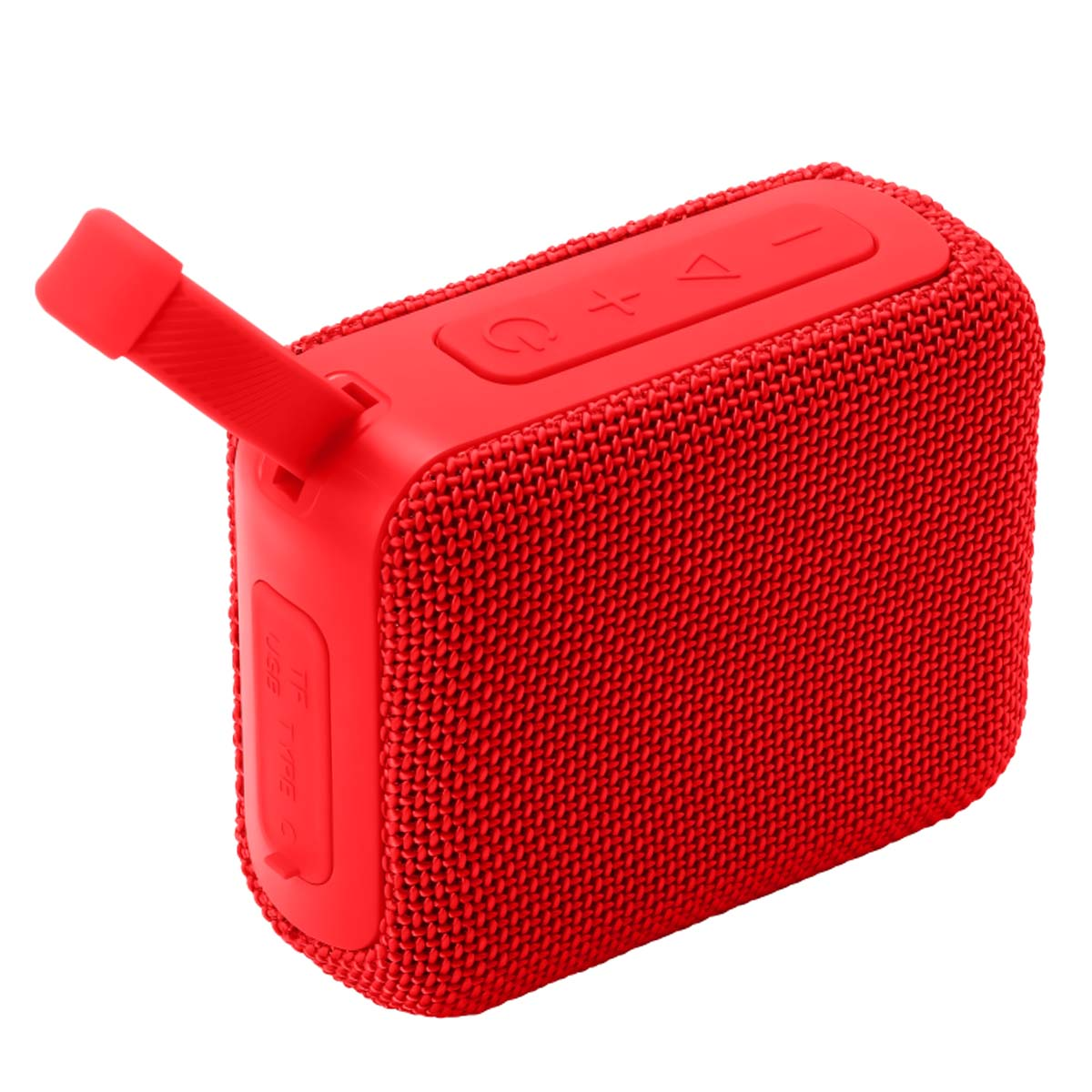 Un altavoz portátil rojo y rectangular. Tiene un asa y botones en la parte superior. El altavoz tiene una textura similar a la tela.