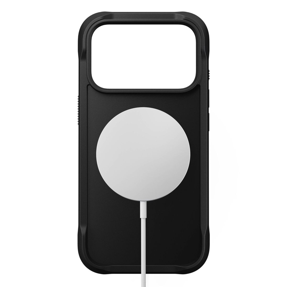 Custodia nera per telefono con caricatore circolare bianco al centro e cavo bianco che si estende verso il basso.