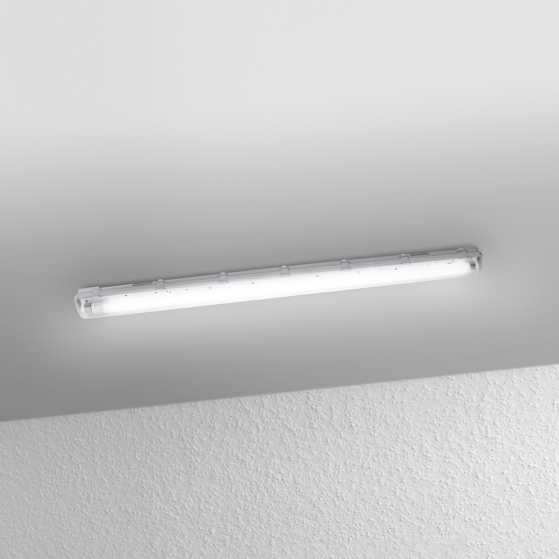 Eine Leuchtstoffröhre ist an einer weißen Decke montiert. Die Wand darunter hat eine strukturierte, weiße Oberfläche.