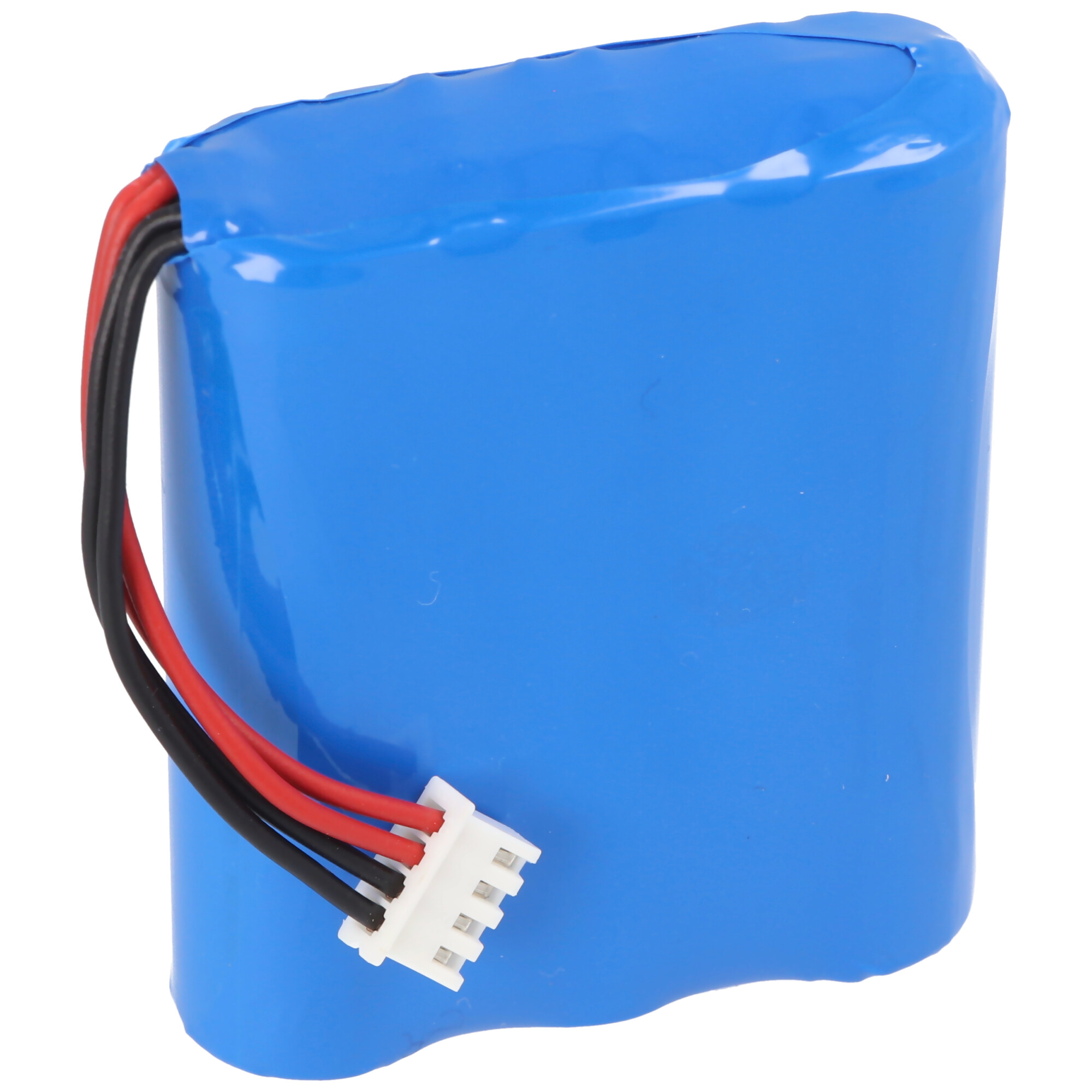 Ein blaues Batteriepack mit roten und schwarzen Drähten, die an einen weißen Stecker angeschlossen sind. Der Hintergrund ist weiß.