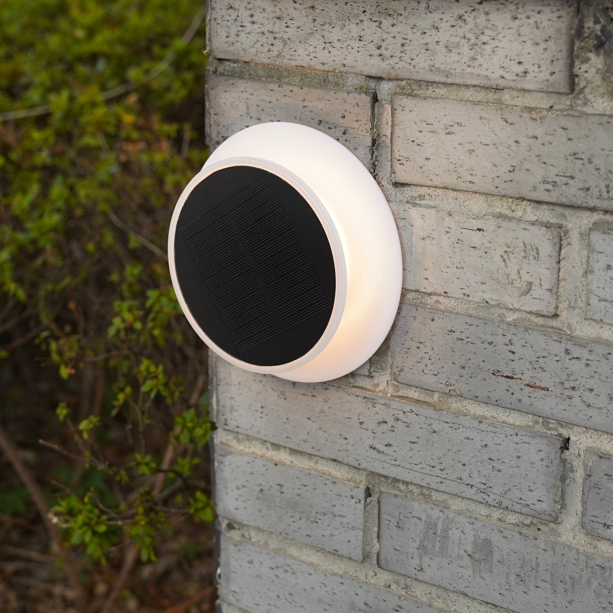 Ein weißes Solarlicht ist an einer grauen Ziegelmauer angebracht. Grünes Laub im Hintergrund.