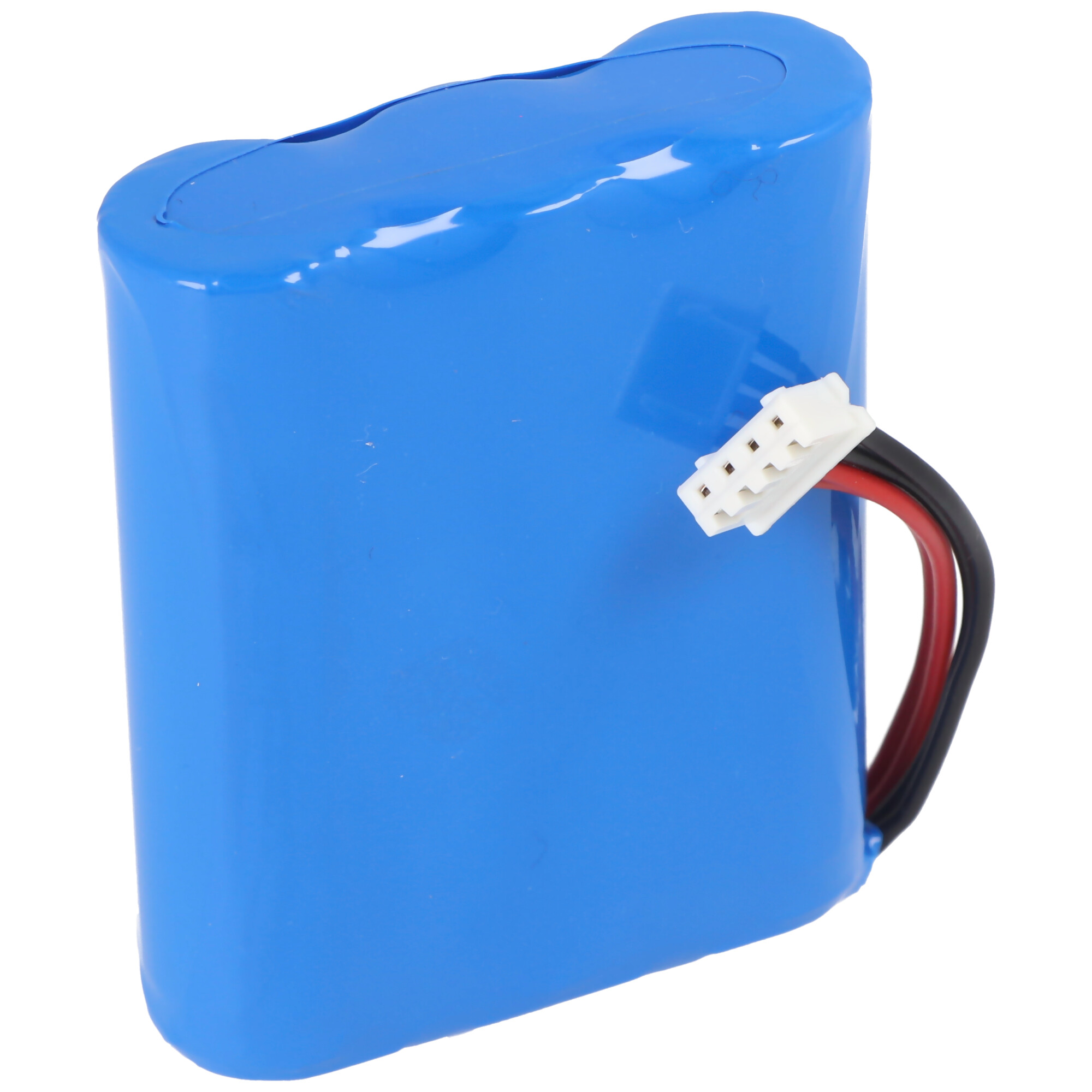 Ein blauer Akku mit weißem Stecker und roten/schwarzen Drähten vor weißem Hintergrund.