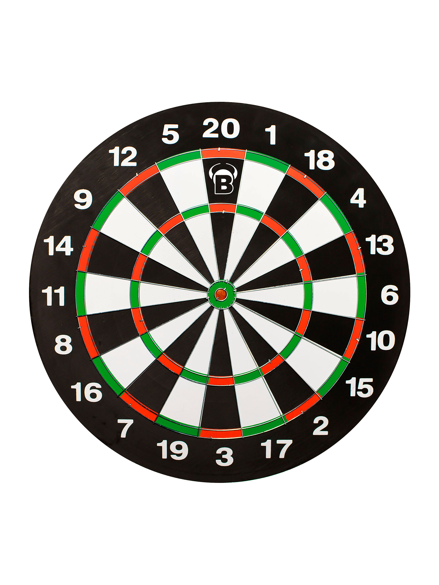 Eine Dartscheibe mit den Zahlen 1-20, schwarzen, roten, grünen und weißen Segmenten. Das Zentrum hat ein Bullseye.