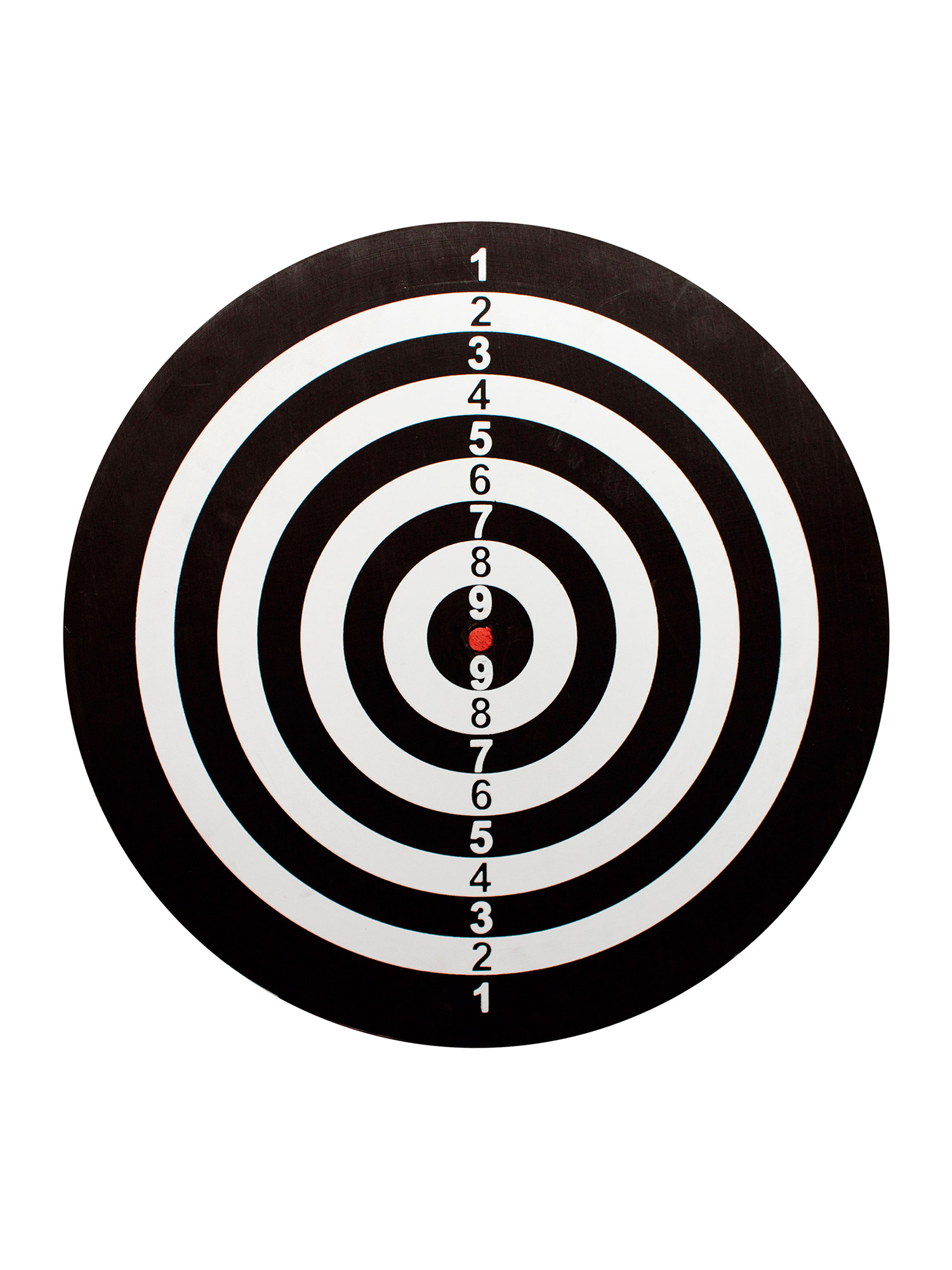 Eine Dartscheibe mit schwarz-weißen konzentrischen Kreisen, nummeriert von 1 bis 9. Die Mitte ist ein roter Punkt.