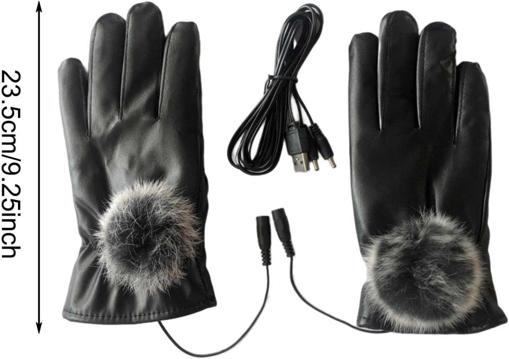 Schwarze Handschuhe mit Fellbommeln. Ein USB-Kabel und zwei Anschlusskabel sind ebenfalls sichtbar. Eine Messung ist angegeben: 23,5 cm/9,25 Zoll.