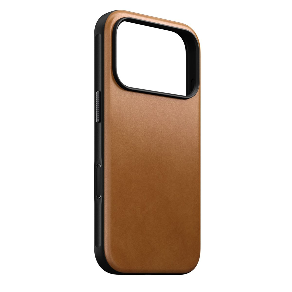 Una custodia per telefono in pelle marrone con cornice nera e ritaglio per la fotocamera.