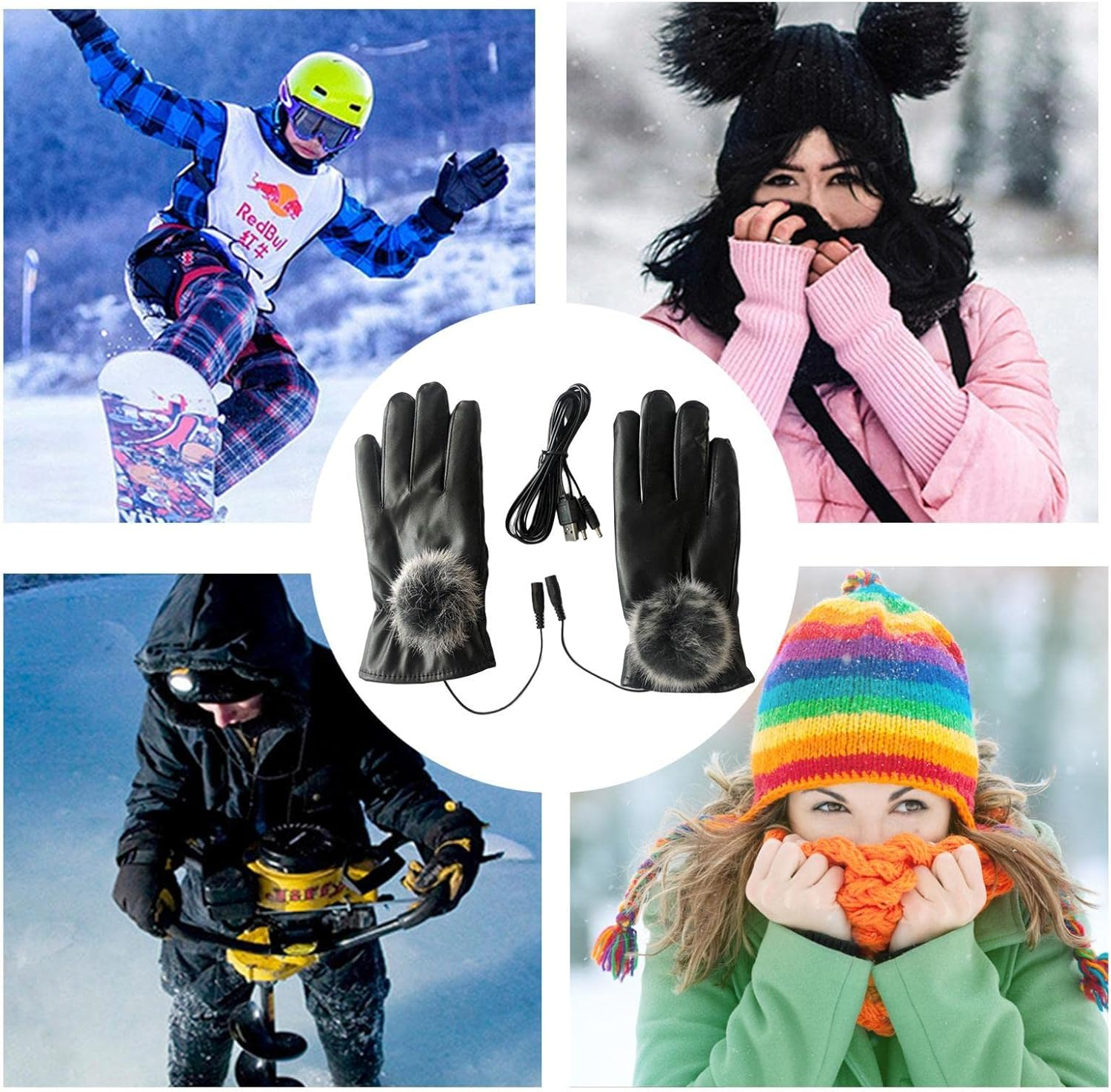 Das Bild zeigt einen Snowboarder, eine Frau mit Wintermütze, Handschuhe und eine Person, die einen Eisbohrer benutzt. Mitte: beheizte Handschuhe.