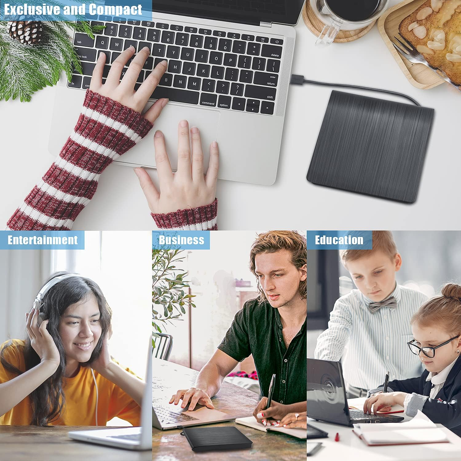 Das Bild zeigt einen Laptop mit Händen auf der Tastatur. Ein schwarzes externes Laufwerk ist angeschlossen. Andere Abschnitte zeigen Personen, die Laptops benutzen.