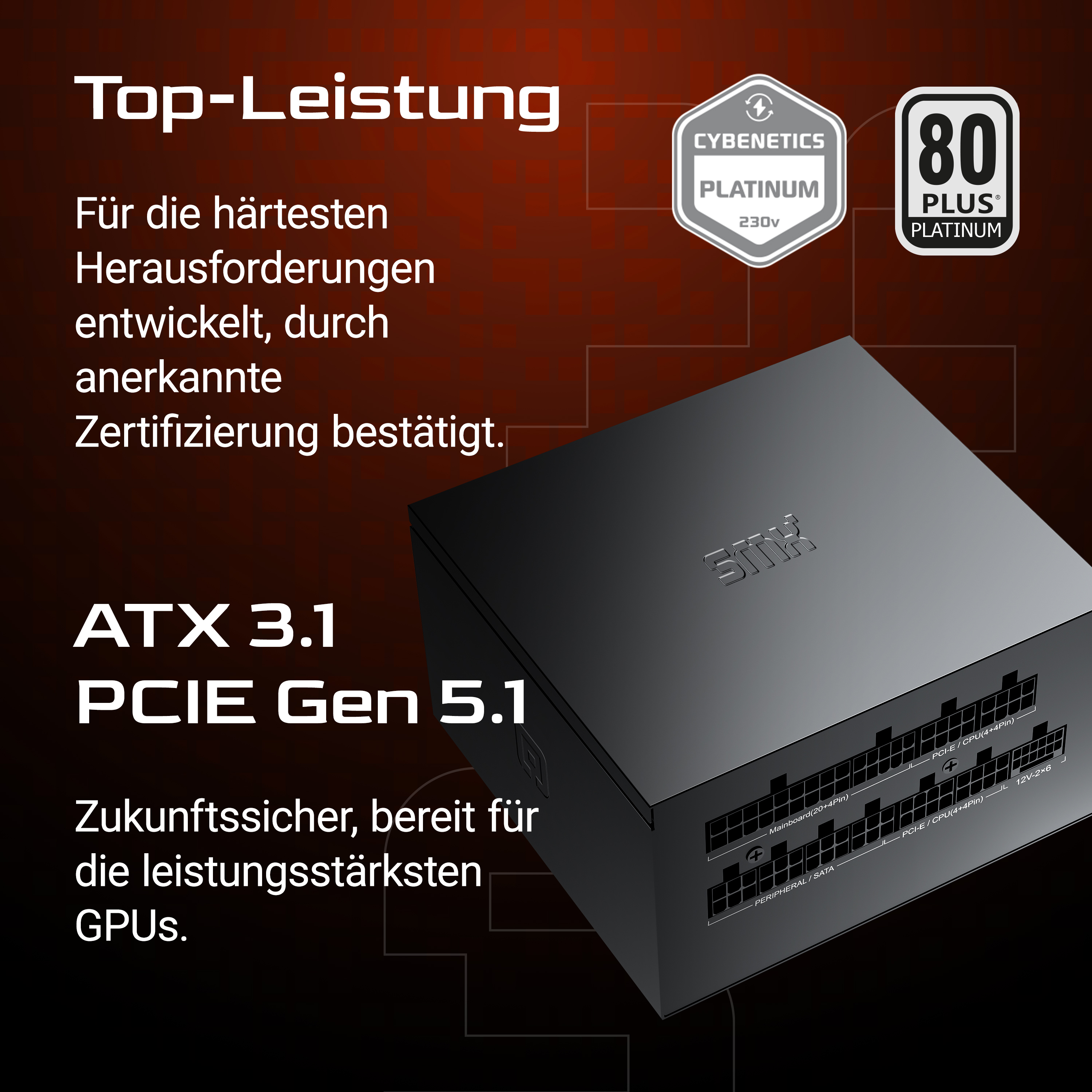 Schwarzes Netzteil mit Text und Logos, einschließlich '80 Plus Platinum'.