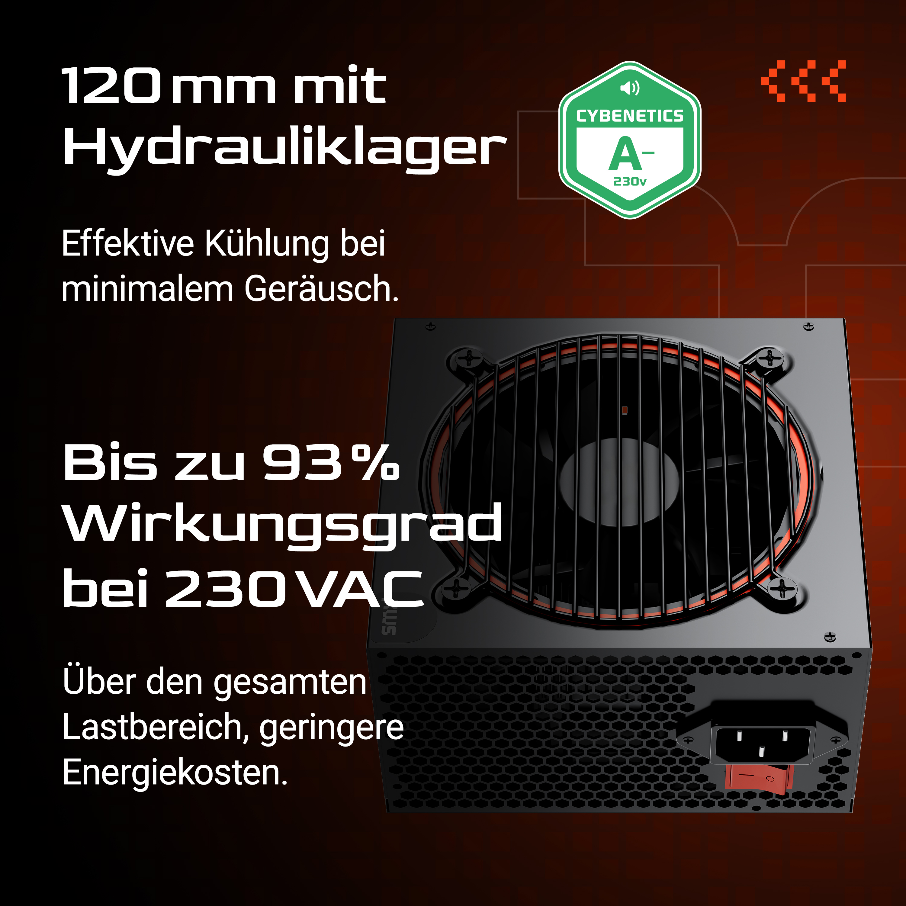 Ein Computer-Netzteil mit Lüfter und Text über Effizienz, Kühlung und Zertifizierungen, mit einem Schwarz-Rot-Farbschema.
