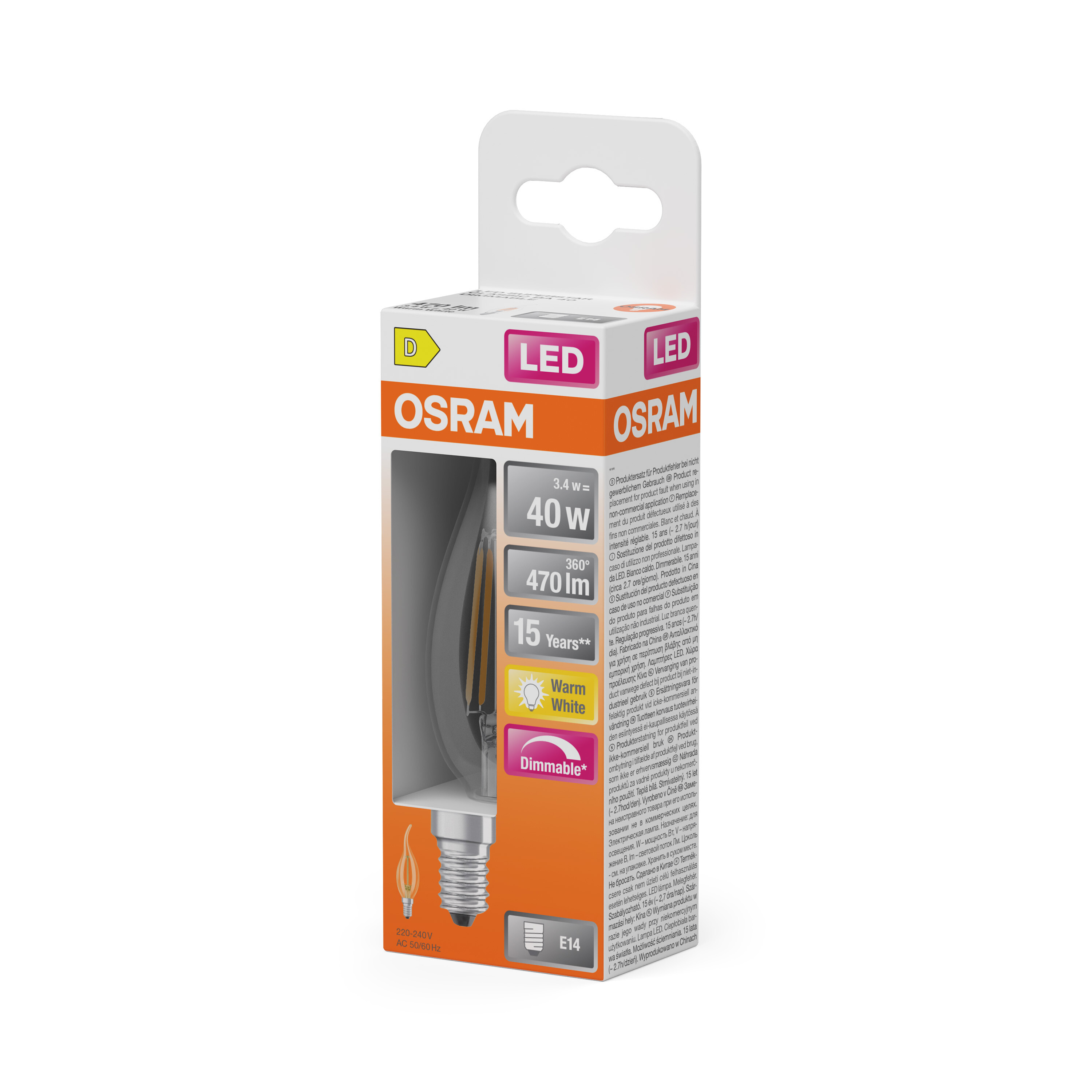 LED-Glühbirne in einer Verpackung. Die Schachtel ist weiß mit orangefarbenen und rosa Akzenten und OSRAM.