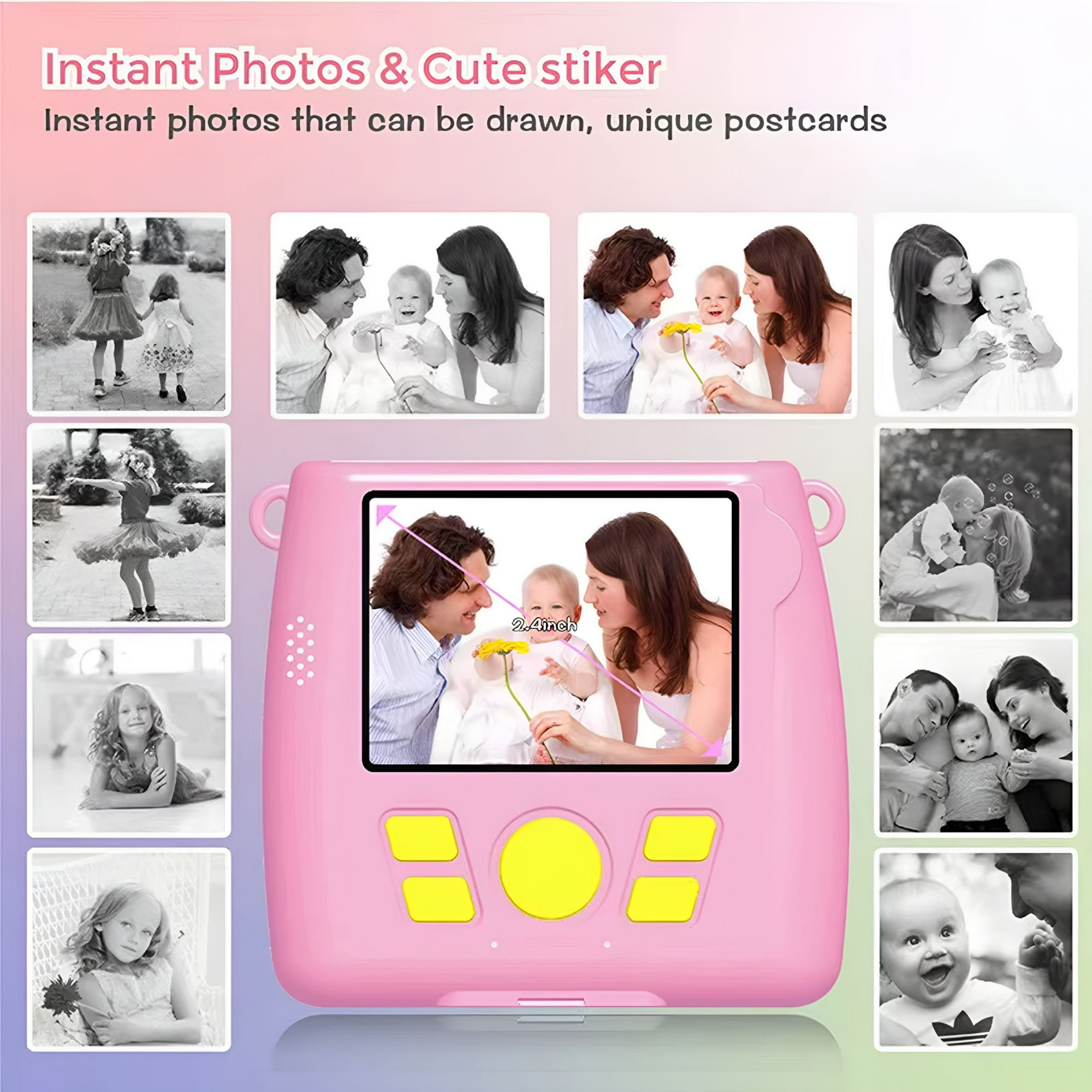 Rosa Sofortbildkamera mit Fotos, Baby- und Familienporträts und Textüberlagerung.