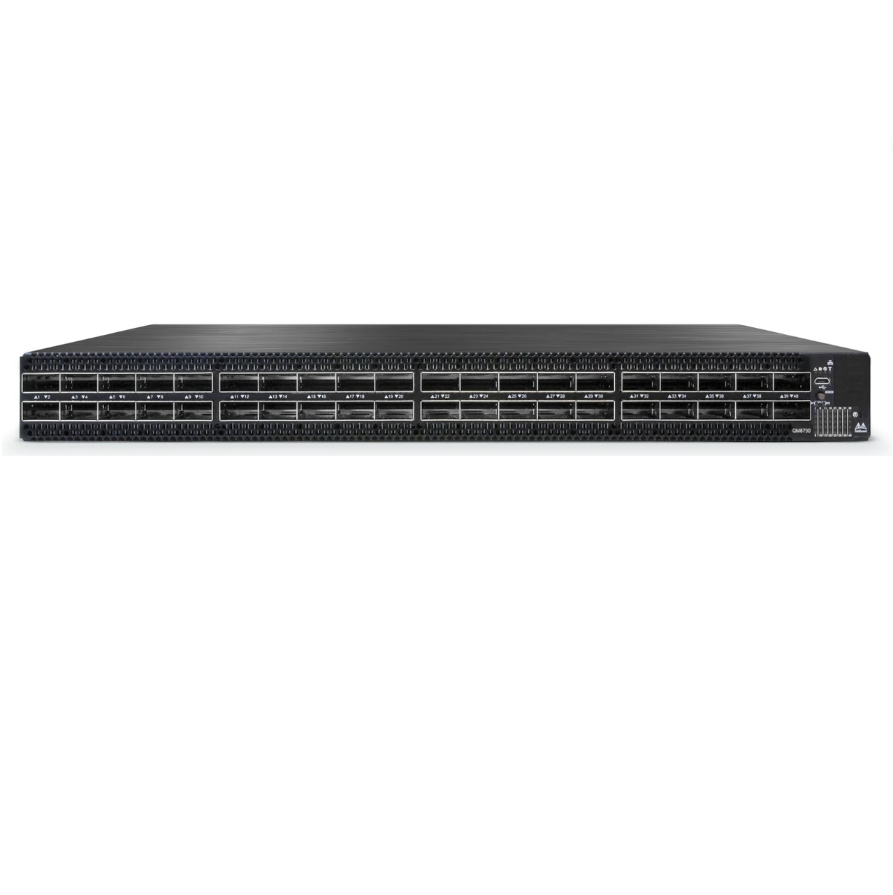 Ein schwarzer Netzwerk-Switch mit vielen Ports. Die Ports sind beschriftet. Das Gerät hat ein paar Status-LEDs und eine Modellnummer.