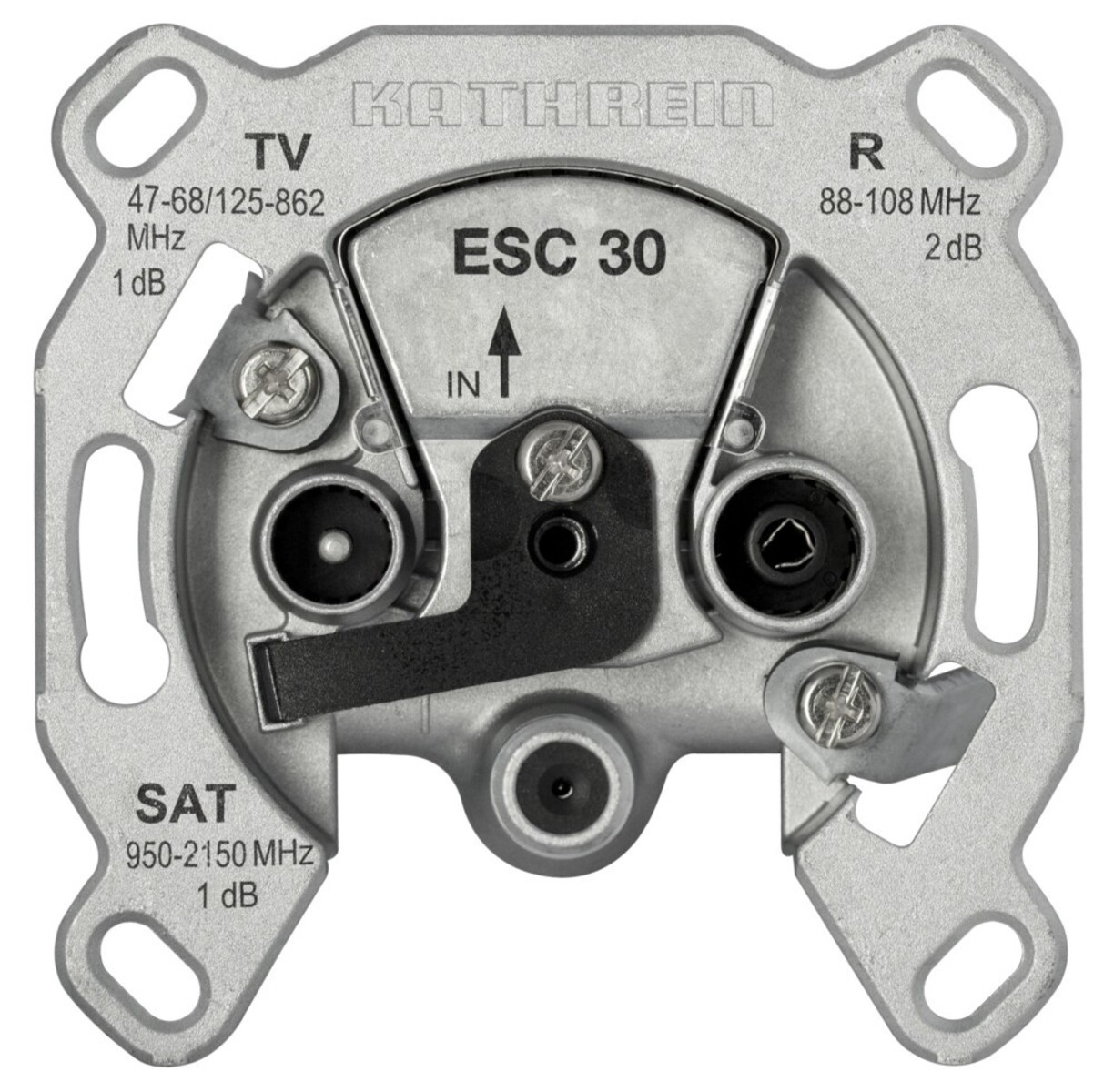 Un dispositivo in metallo con testo: Kathrein, ESC 30, TV, SAT, R e specifiche tecniche. Ha più porte e fori per viti.