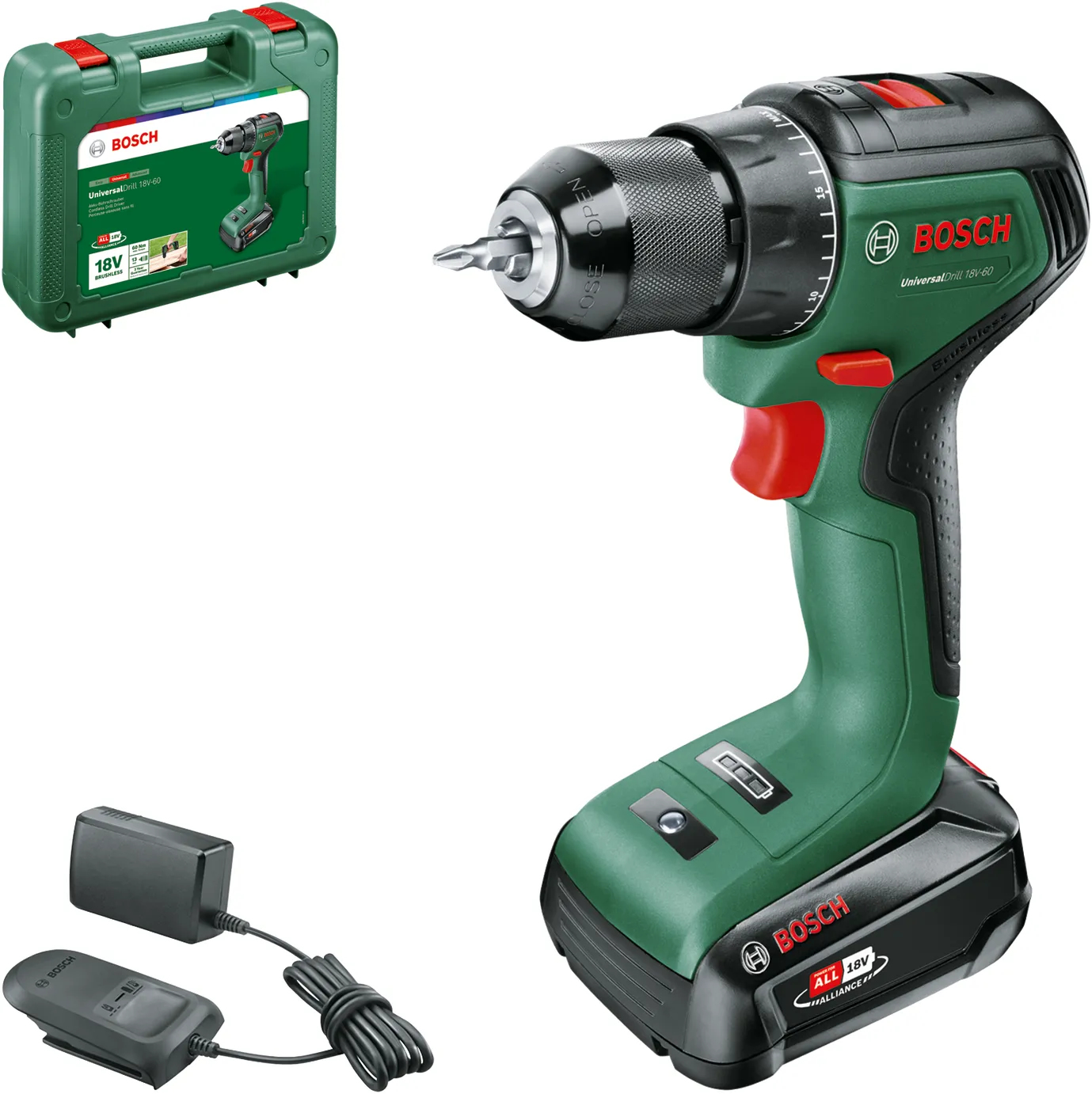 Ein grüner und schwarzer Bosch-Bohrer mit rotem Auslöser, Koffer, Ladegerät und Akku. Der Bohrer ist mit Universal Drill 18V-60 beschriftet.