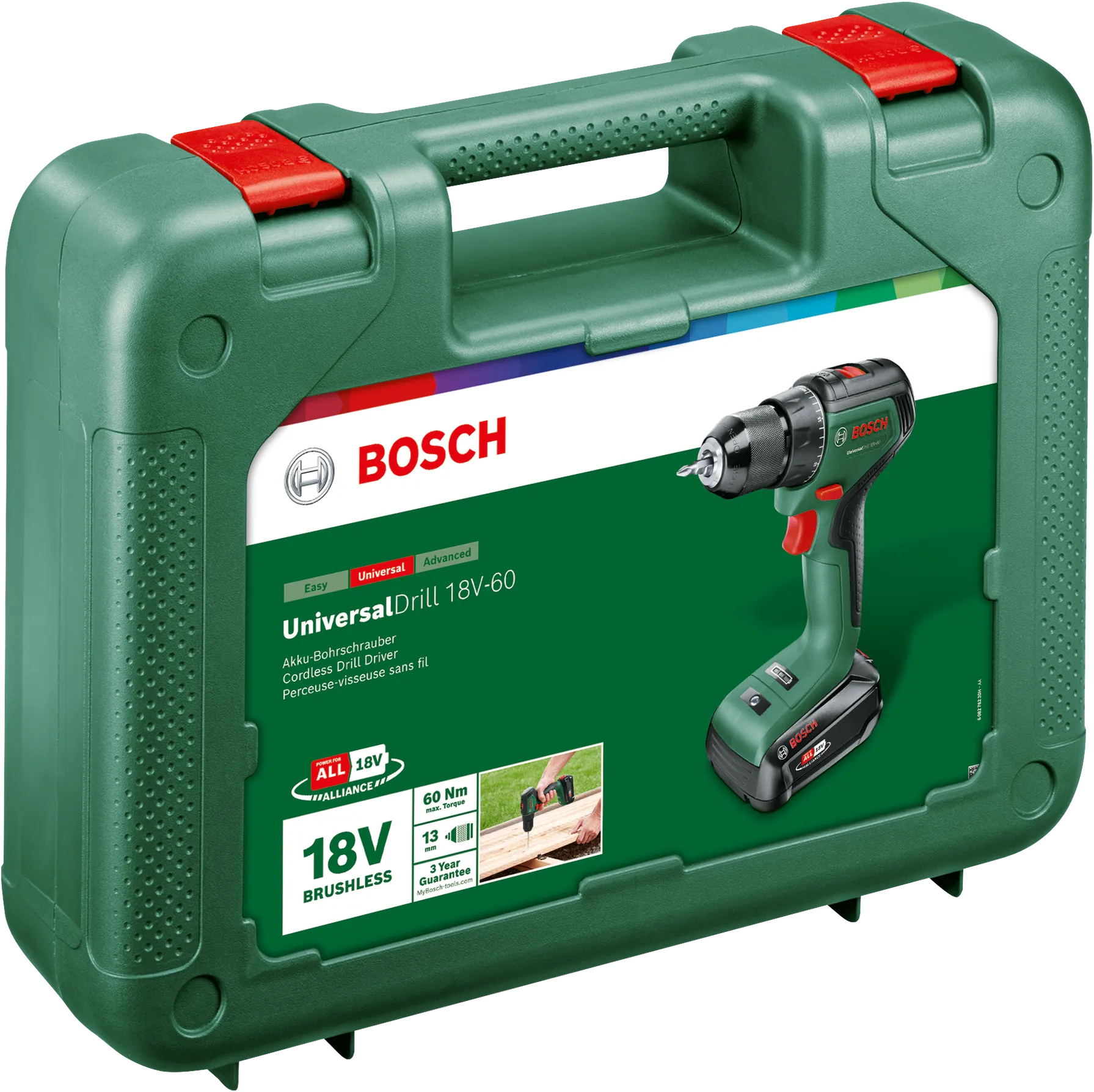 Grüner Bosch-Bohrer in einem grünen Koffer. Koffer hat rote Verschlüsse. Bohrer ist schwarz und grün.